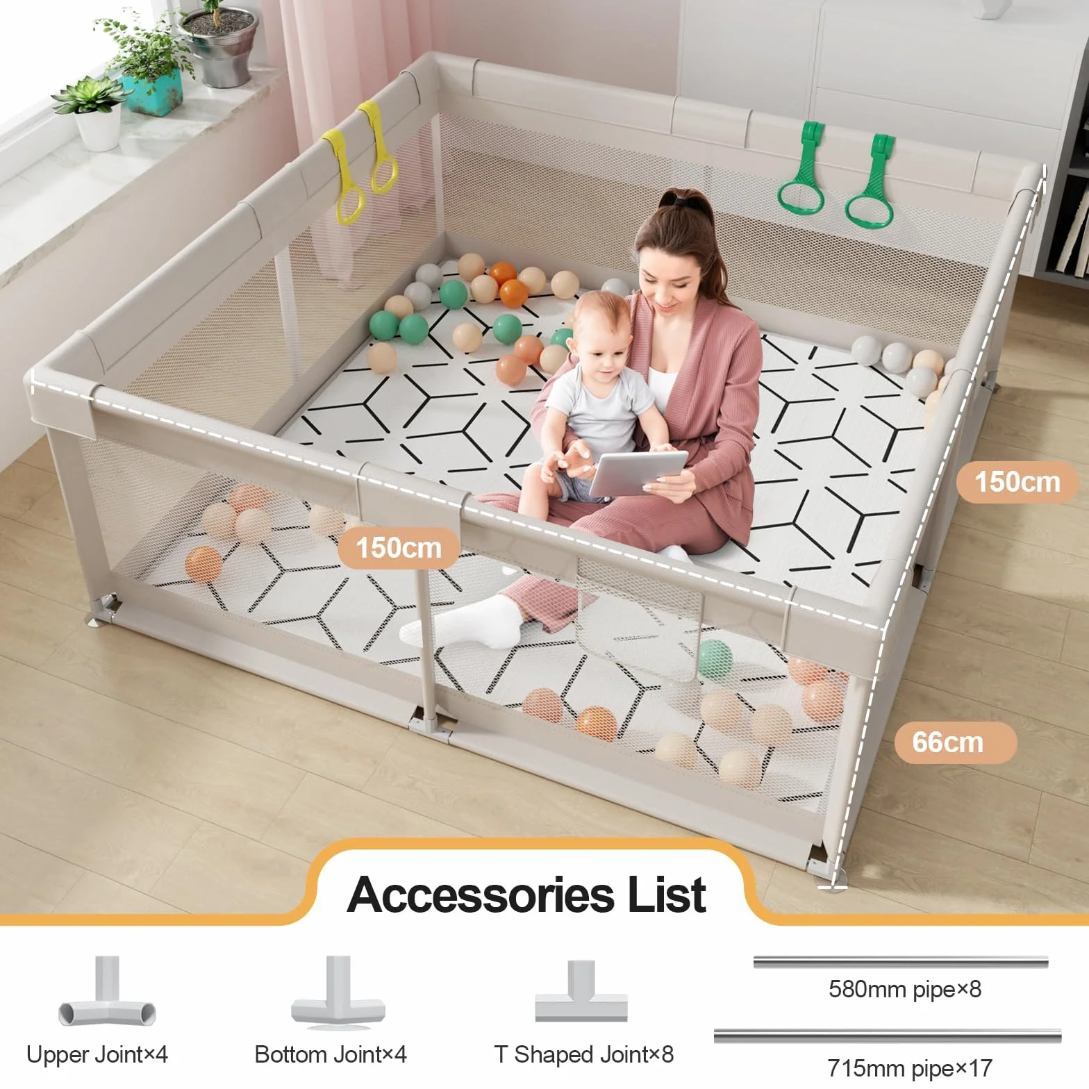 Parc Bébé 150x150cm Modulable Pliable Grand Parc pour Enfant avec Tapis