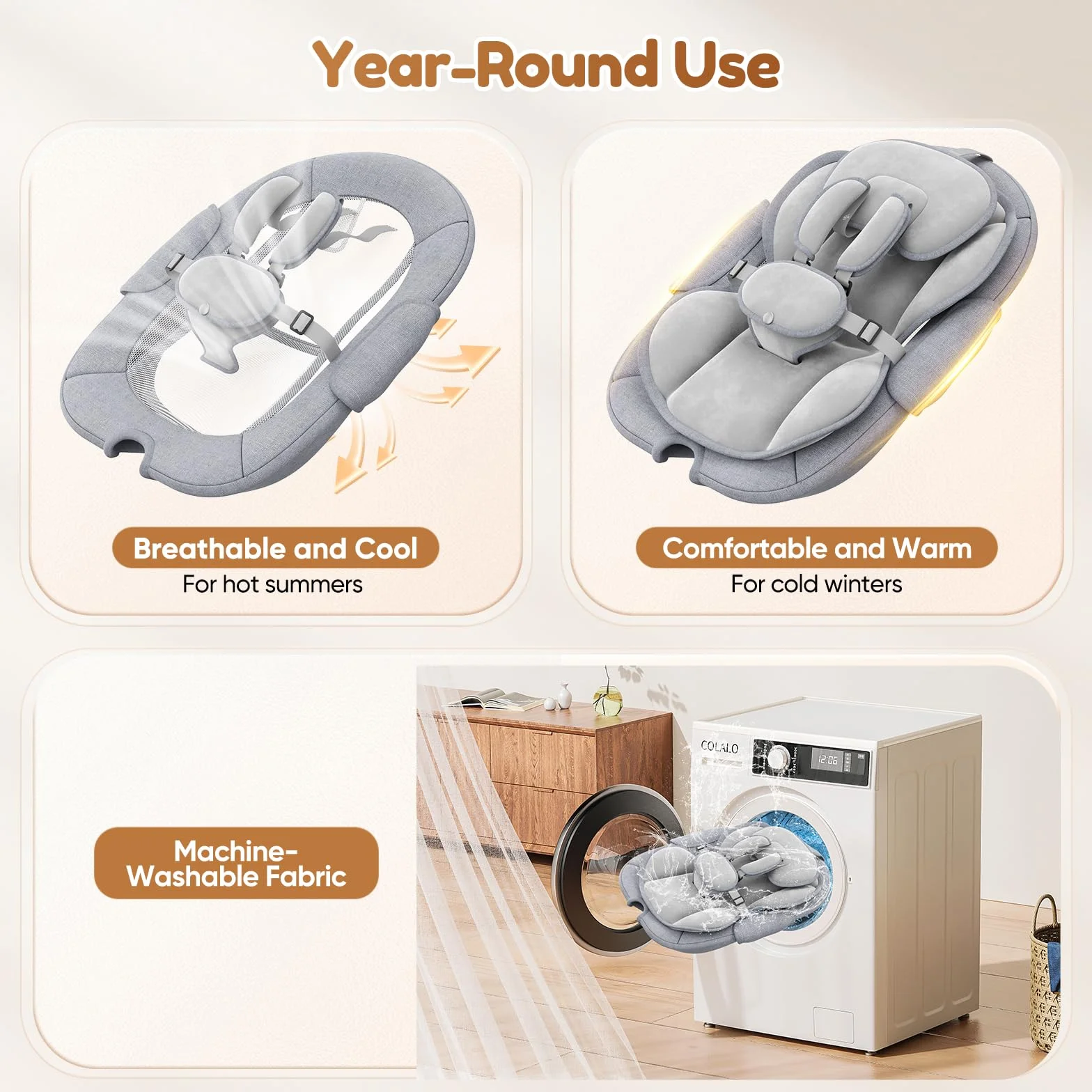 Balancelle Bébé Électrique Réglable avec Coussin Amovible, 5 Vitesses, 12 Mélodies, 3 Minuteries, Gris