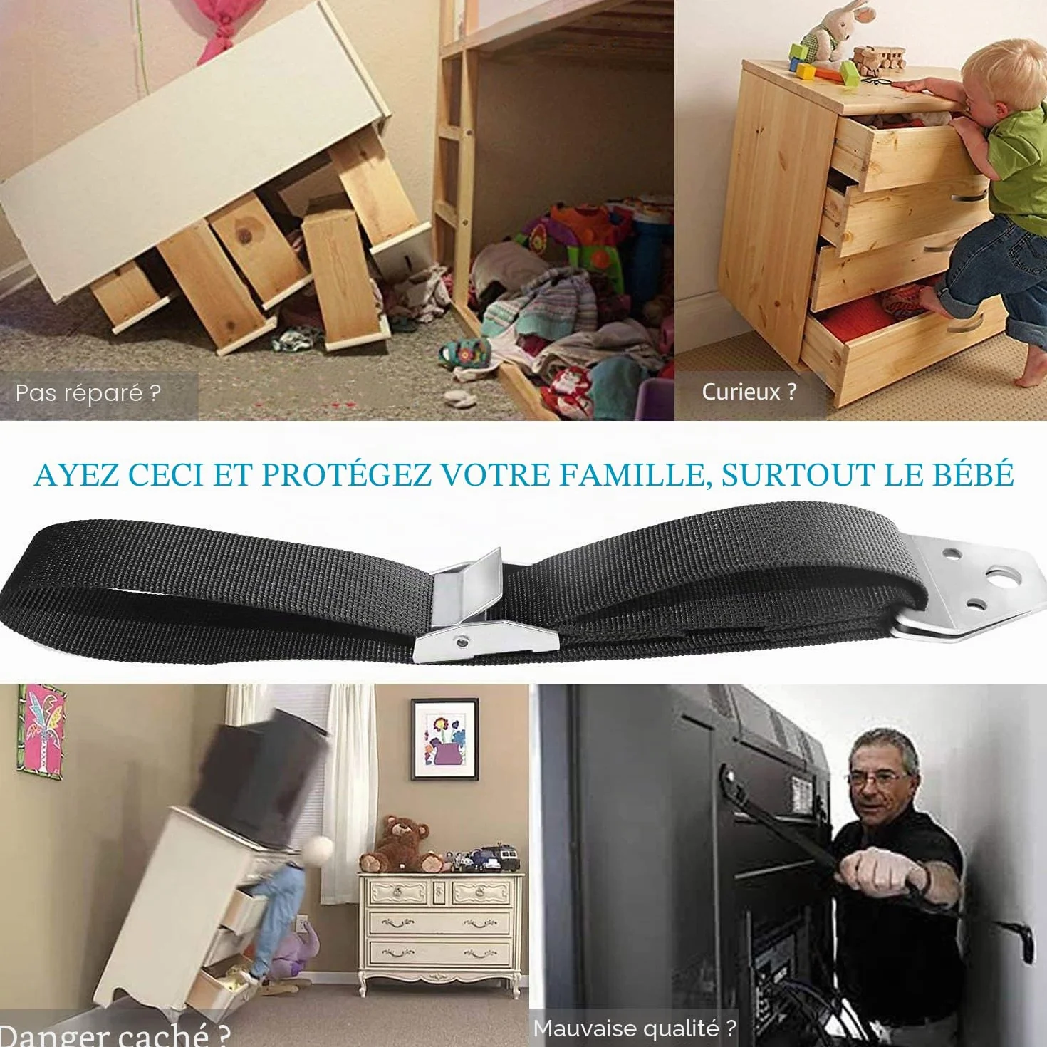 BOOTWO Lot de 2 Sangles Anti-basculement pour Meubles et TV Sécurité Bébés Enfants Réglables