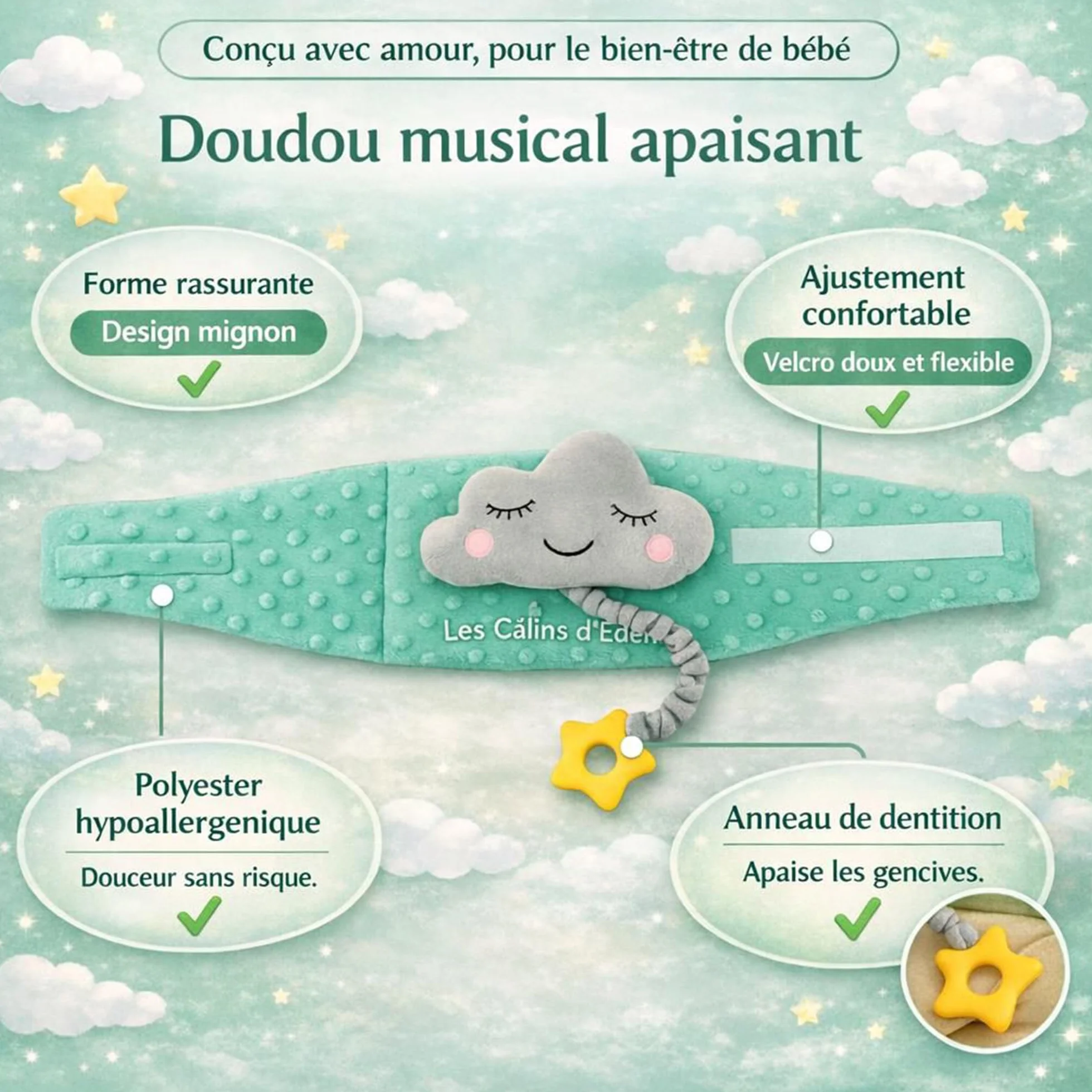 Ceinture bouillotte bébé anti-coliques poche gel chaud/froid doudou musical amovible anneau dentition silicone étoile housse satin Certifiée CE