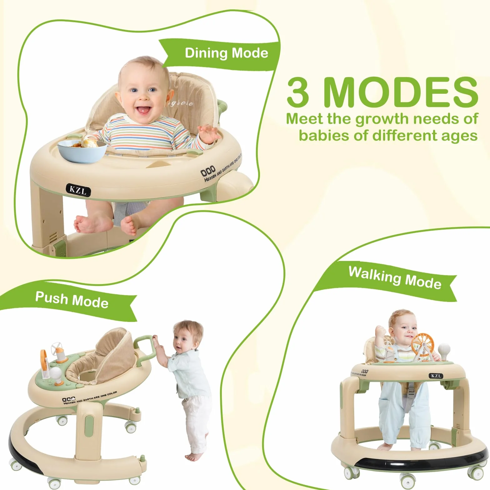 Trotteur Bébé 3 en 1 Babywalker avec 6 Hauteurs Réglables, Roues Silencieuses 360°, Plateau Repas et Musical Amovible, Vert