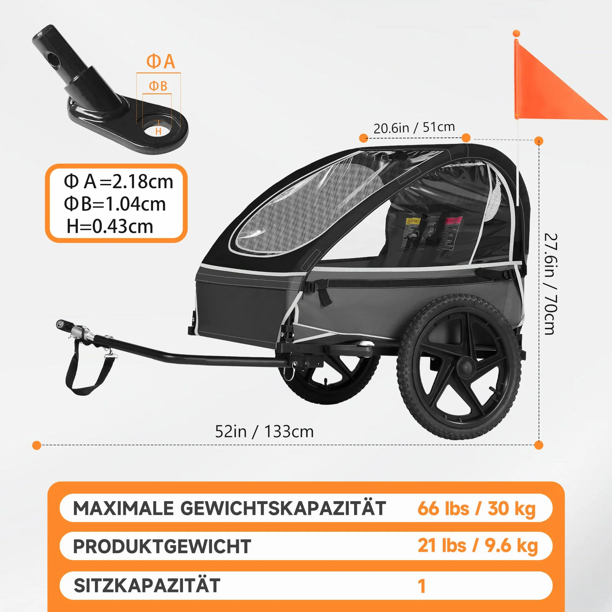 Remorque de vélo pour enfant pliable avec siège ergonomique et pneus pneumatiques