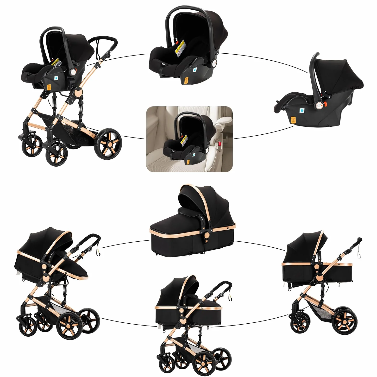 Poussette 3 en 1 Haute Vue Pliante Aluminium Système Voyage Bébé Noir Doré