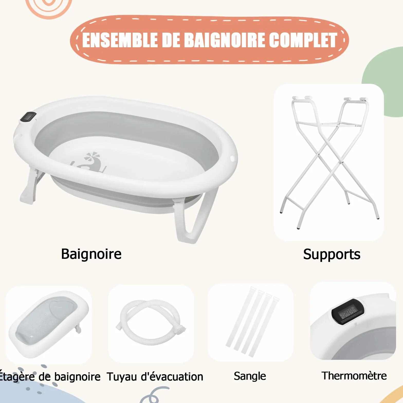 Baignoire Bébé Pliable Sur Pied XXL avec Support, Thermomètre 2.0, Siège et Kit de Drainage