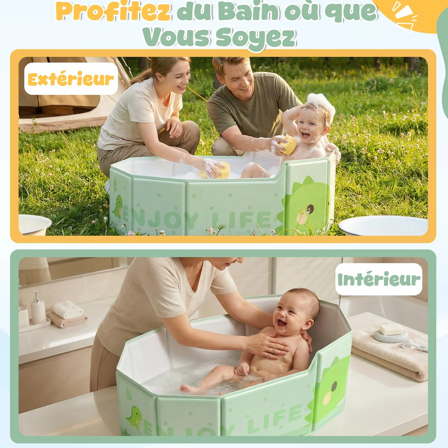 Orzbow Baignoire Pliable Bébé, Grande Baignoire avec Base Antidérapante, Vert, 6 Mois à 6 Ans