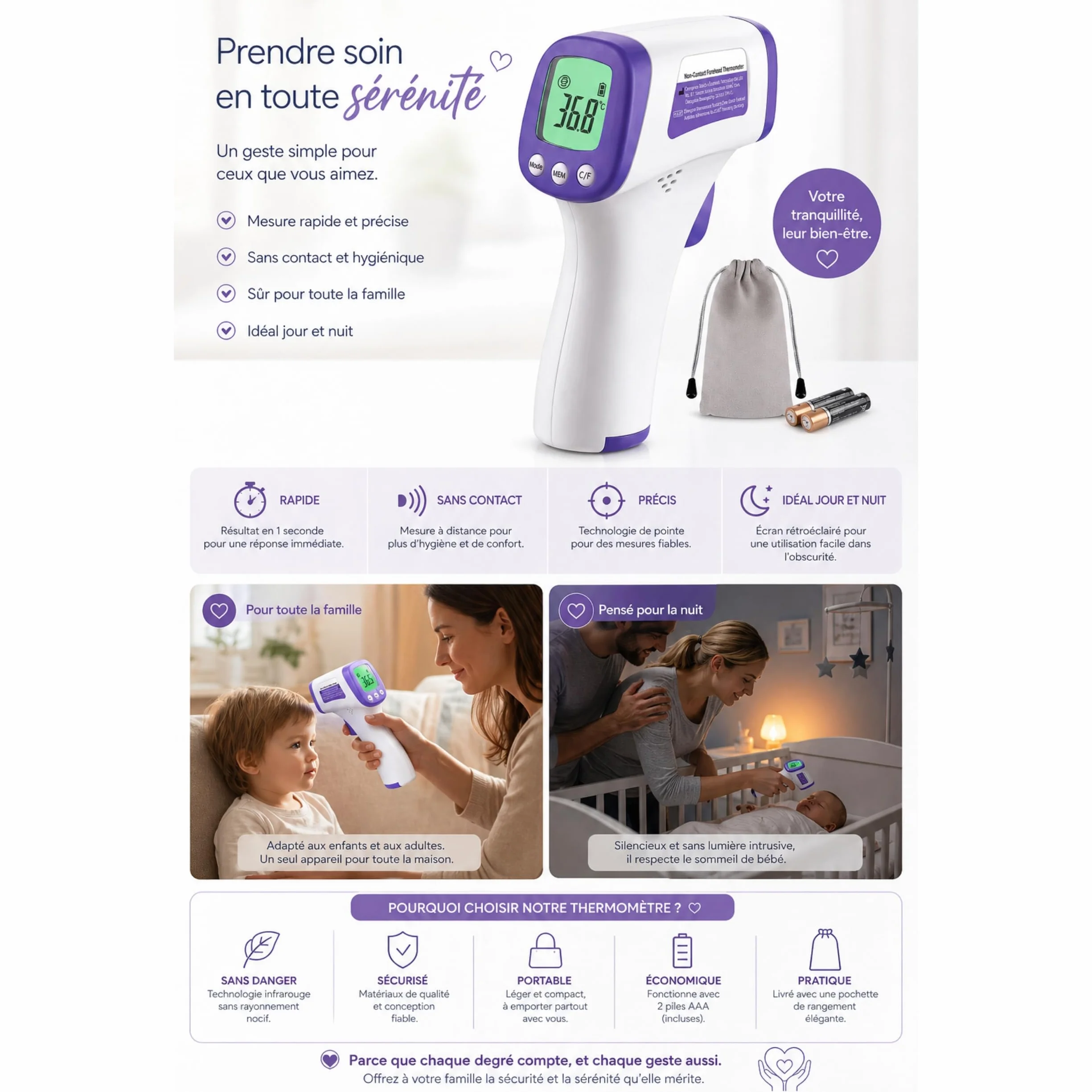 Thermomètre Frontal Sans Contact Infrarouge Bébé Adulte – Digital Médical Précis Rapide – Écran LCD Alarme Fièvre