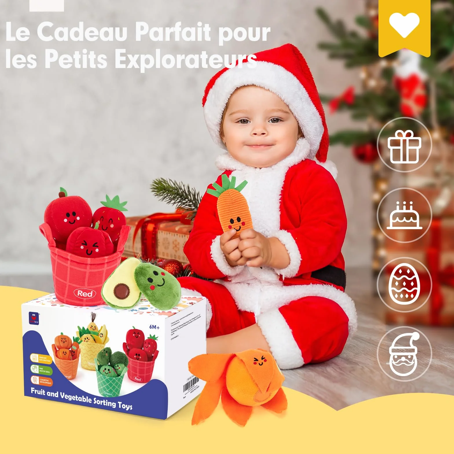hahaland Jouet Bebe 6 Mois Eveil 6-12 Mois, 16 Pièces Fruits Legumes Peluche Panier, Sensoriel Montessori Cadeau 1 an Garçon Fille