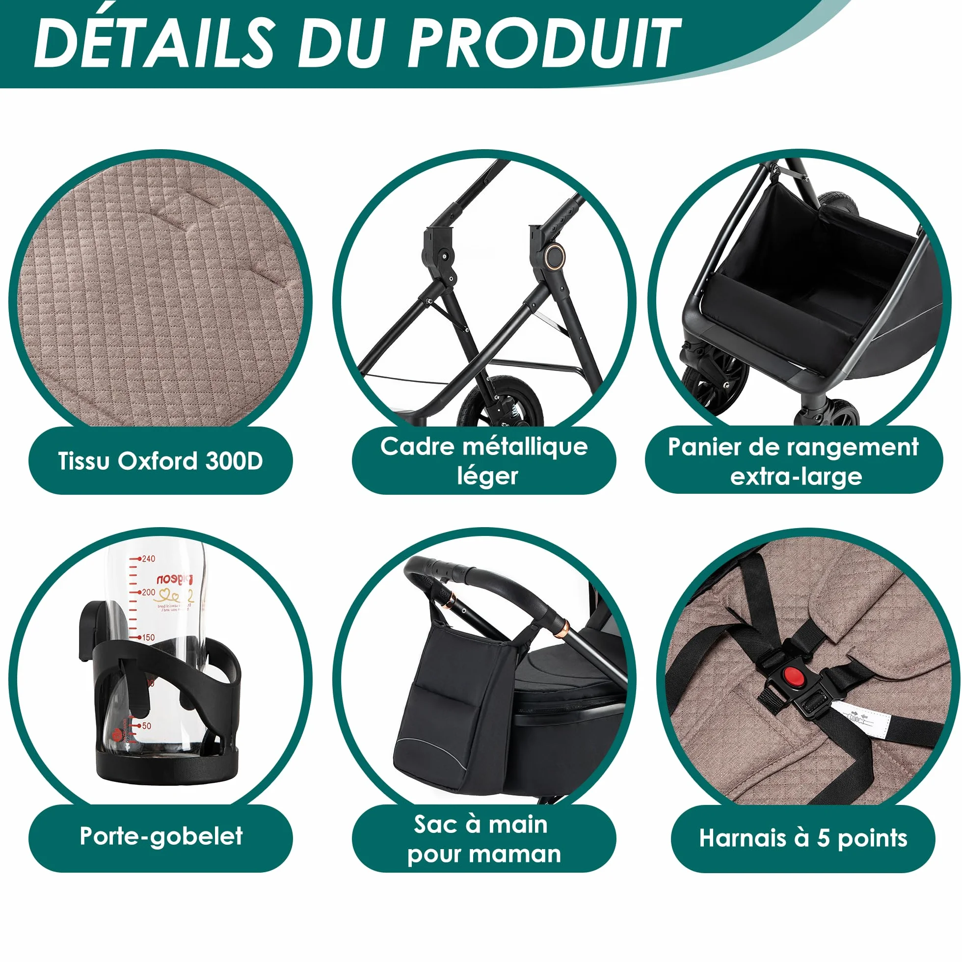 Poussette 3 en 1 Siège Auto Léger Bébé Pliable 0-36 Mois Kaki
