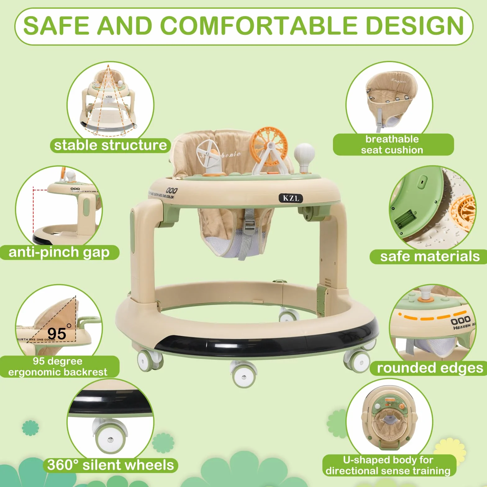 Trotteur Bébé 3 en 1 Babywalker avec 6 Hauteurs Réglables, Roues Silencieuses 360°, Plateau Repas et Musical Amovible, Vert