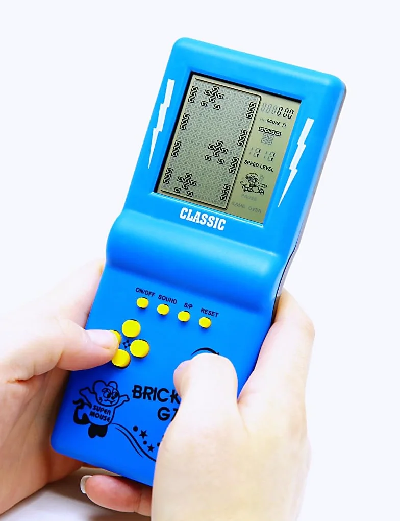 Console de Jeu en Brique Grand écran 23 Jeux Vitesse/Difficulté Réglable Alimenté par 2 Piles AA Bleu