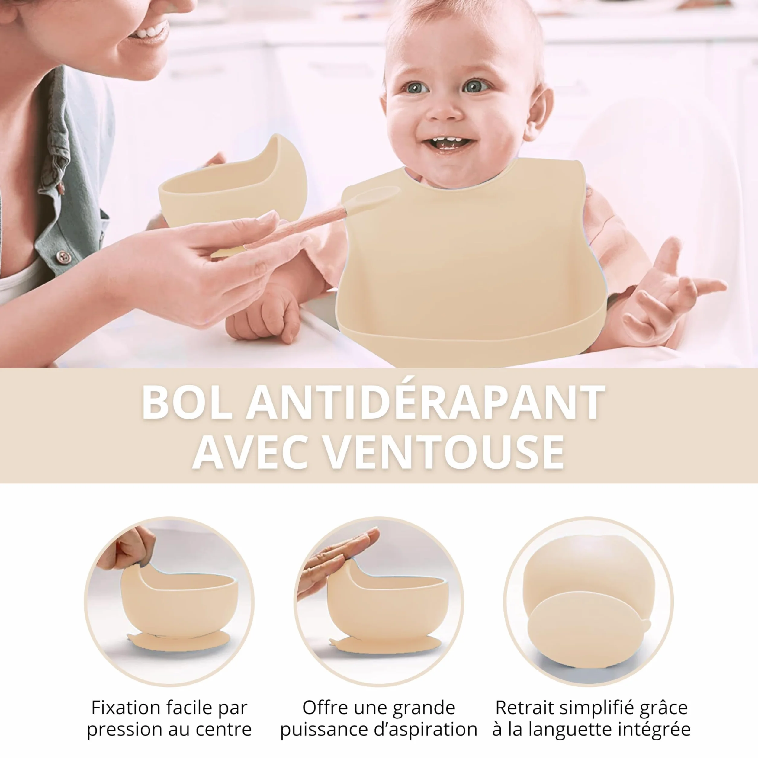 TudoBem Coffret Repas Bebe Accessoire 8 Pièces Set Vaisselle Bebe 1er age Assiette Bebe Bol Ventouse Bébé Cadeau Bebe Garcon Vaisselle Enfant Complete Beige