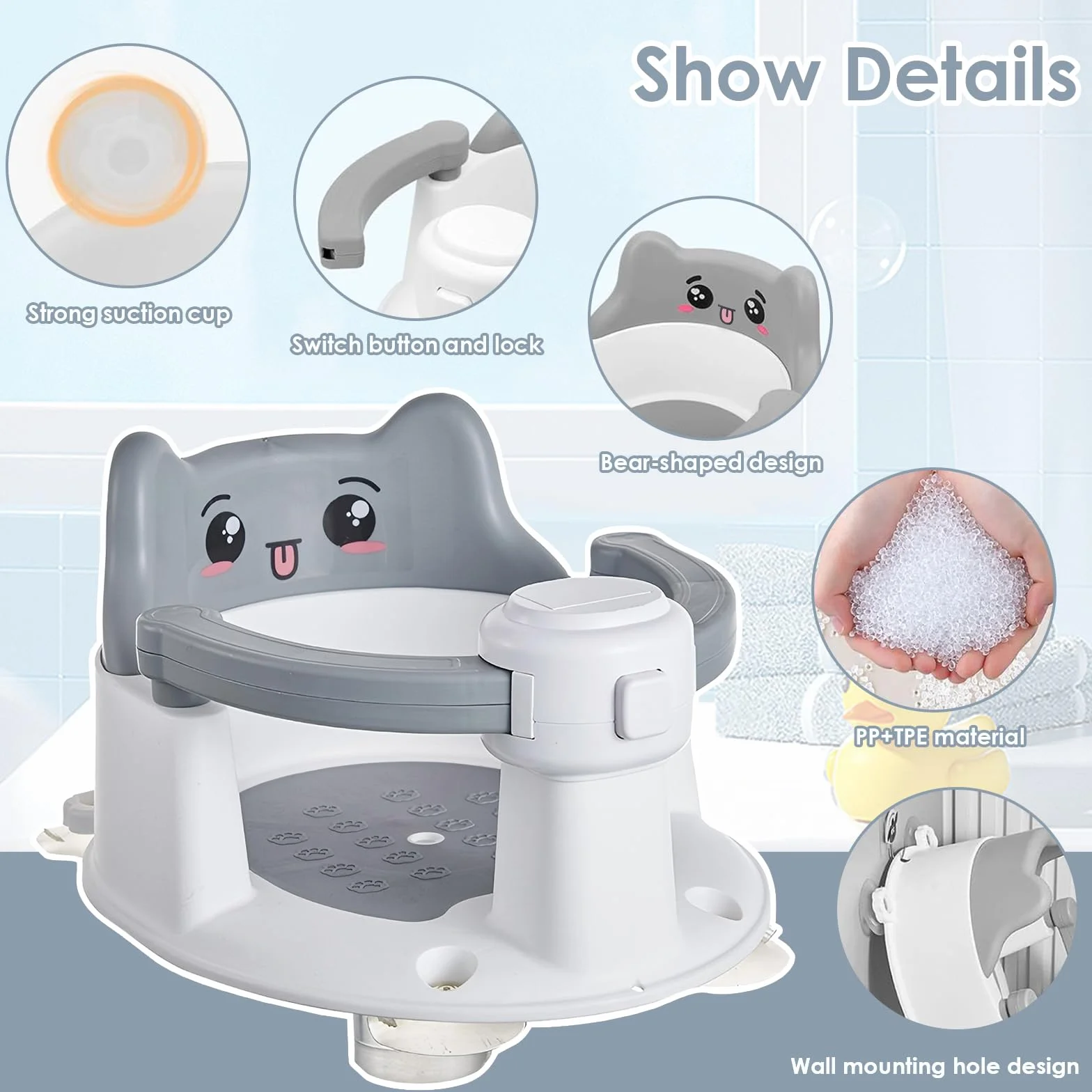 Siège de Bain Bébé avec 4 Ventouses Antidérapantes, Portable et Sécurisé pour Douche ou Baignoire