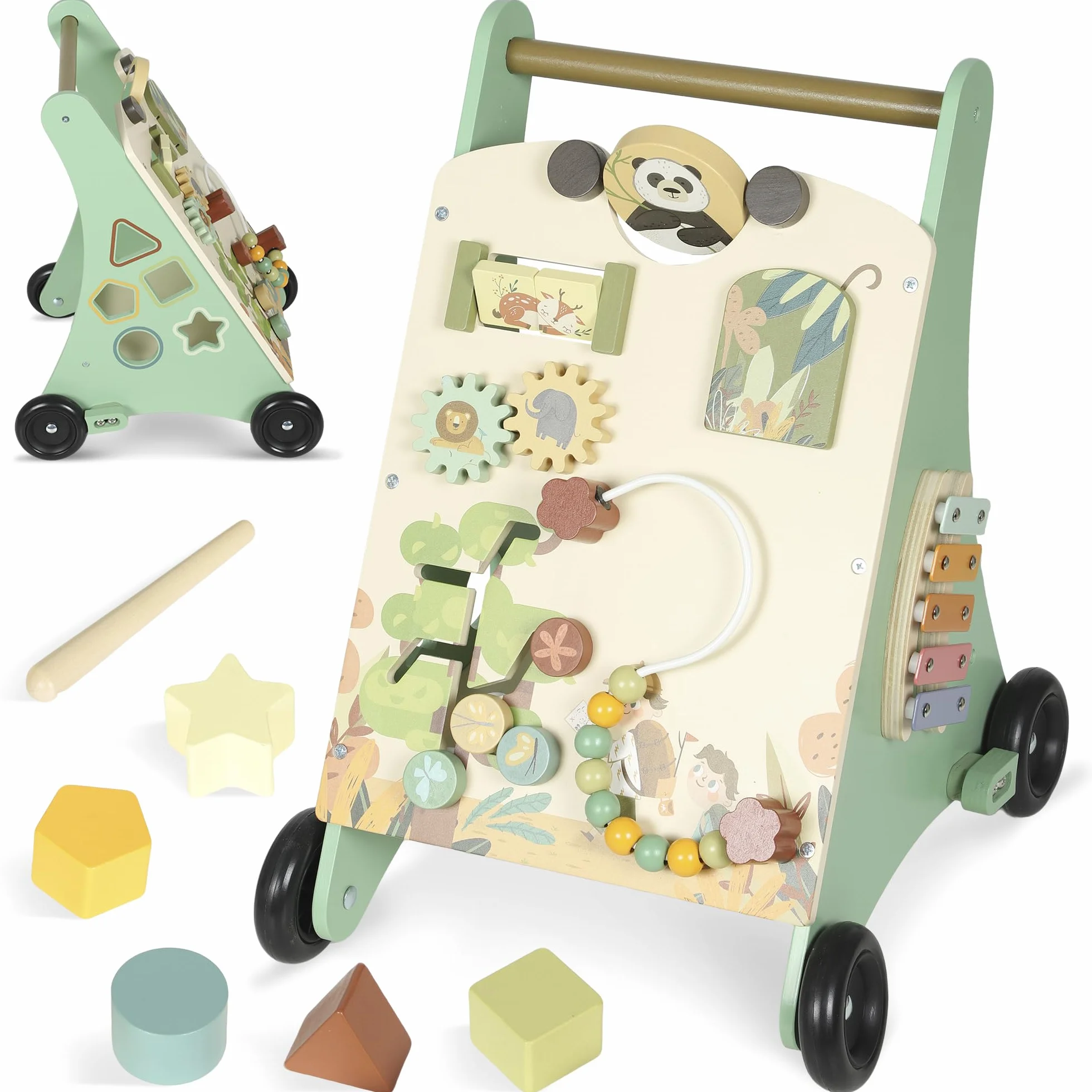 AIYAPLAY Trotteur en bois bébé contrôle vitesse centre activités xylophone engrenages labyrinthe perles chariot marche 18+ mois vert