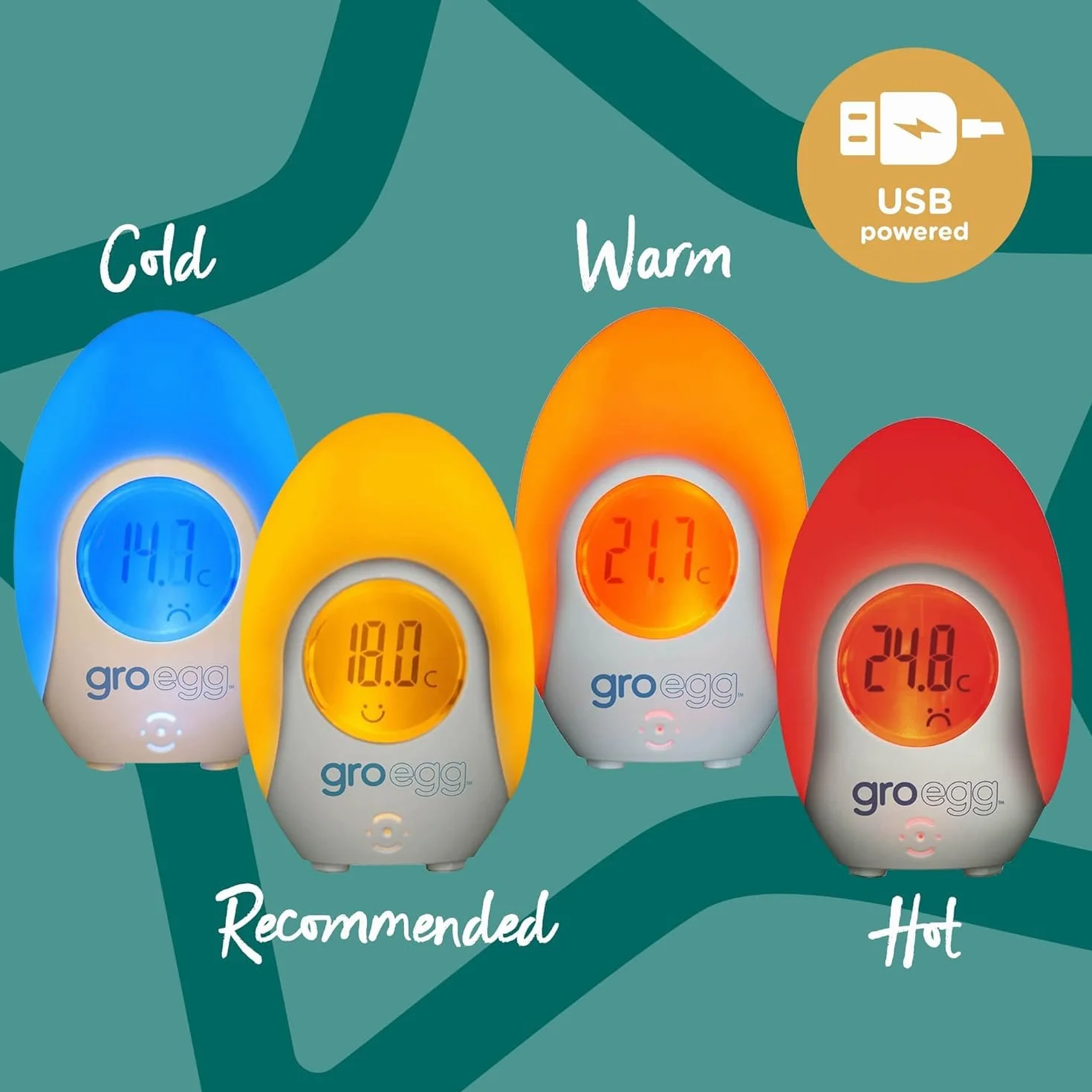 Tommee Tippee Groegg Thermomètre numérique à couleur changeante pour chambre d'enfant et veilleuse, USB, affichage numérique de la température, 1 pièce