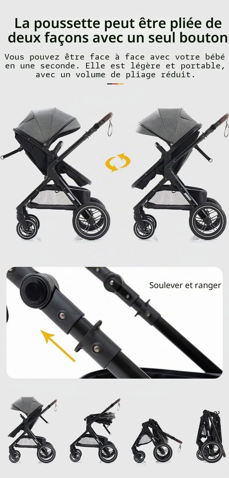 Poussette 3 en 1 Citadine Combinée Tricycle Baby Walker Haute Paysage Pliante Trolley Bébé Landau 0-36 Mois Kaki