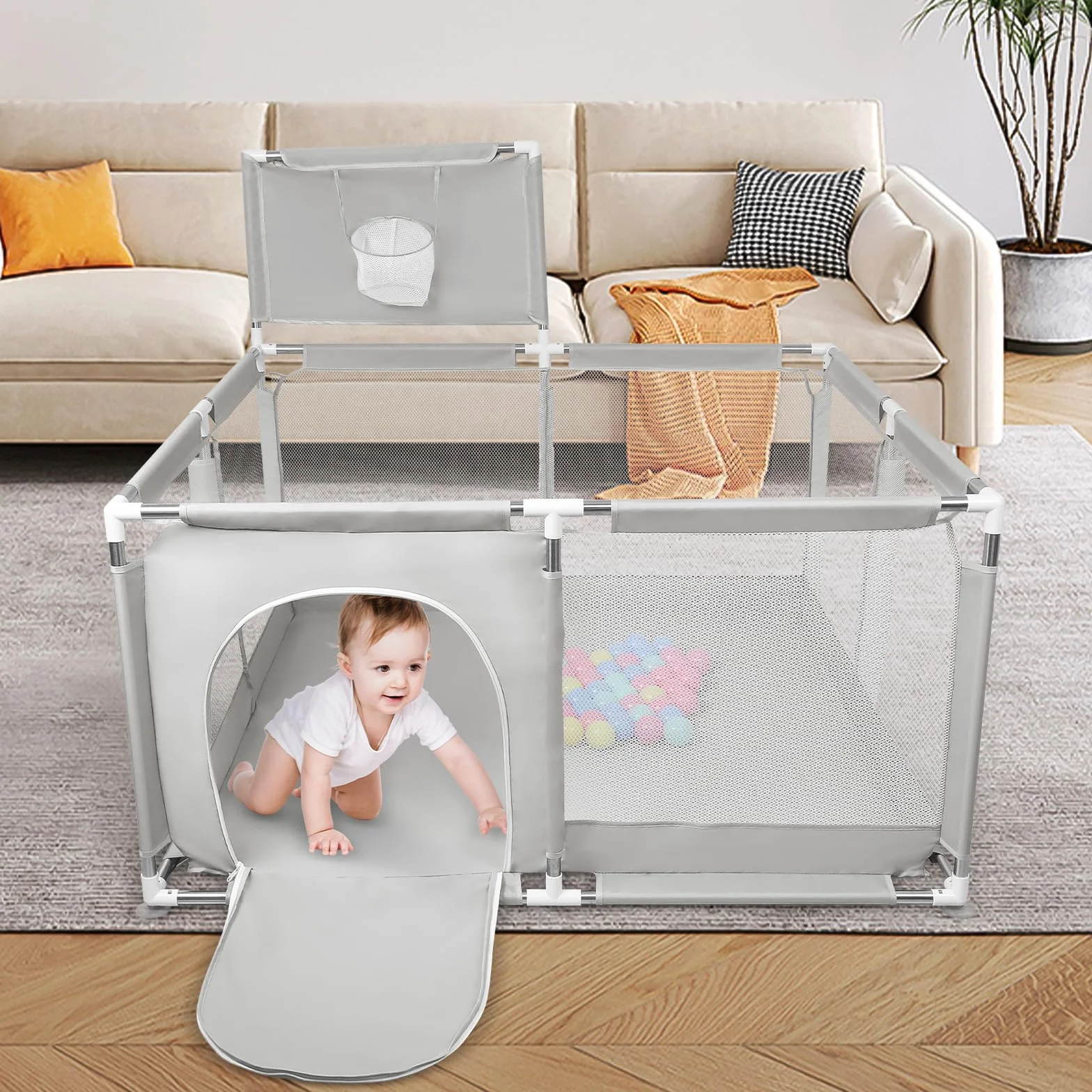Parc Bébé en Tissu Oxford avec Tapis et Barrières 126x126x66 cm Gris Clair