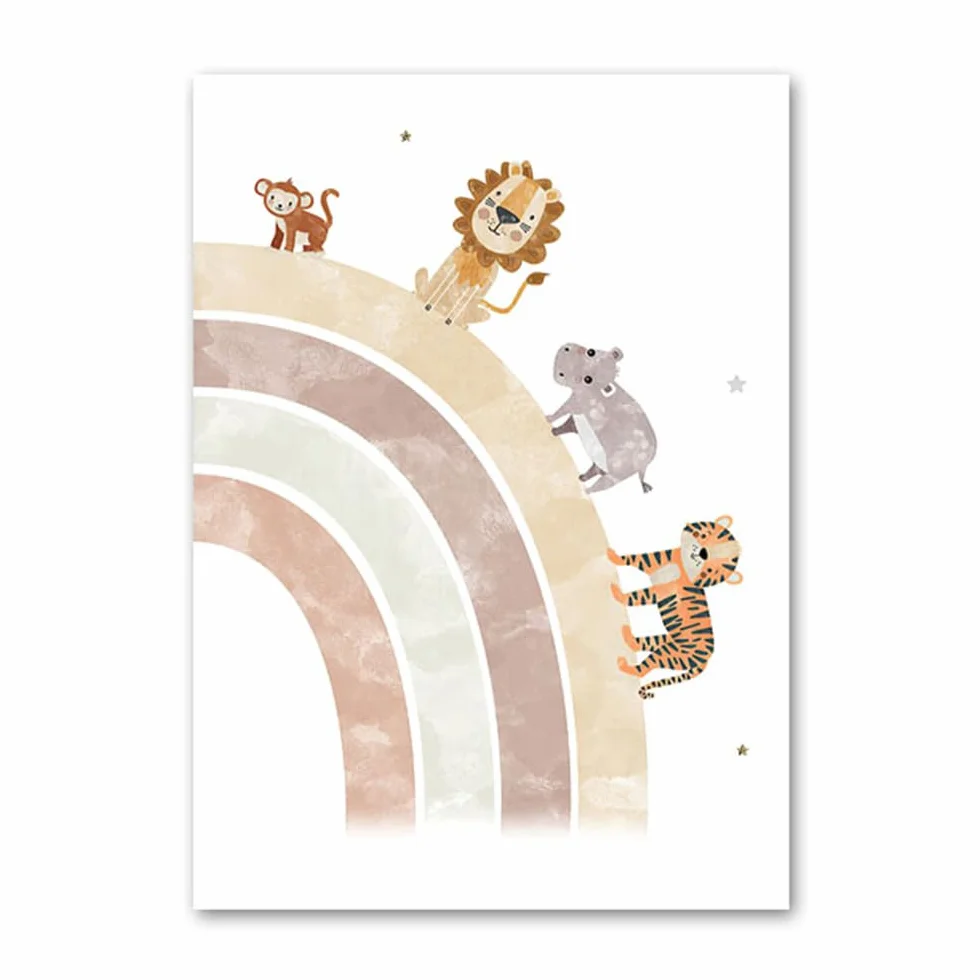 Affiche Animaux Chambre Bebe 30x40cm Poster Personnalisé Prenom Enfant Lion Elephant Arc en Ciel Montgolfière Tableau Savane Toile Cadeau sans Cadre