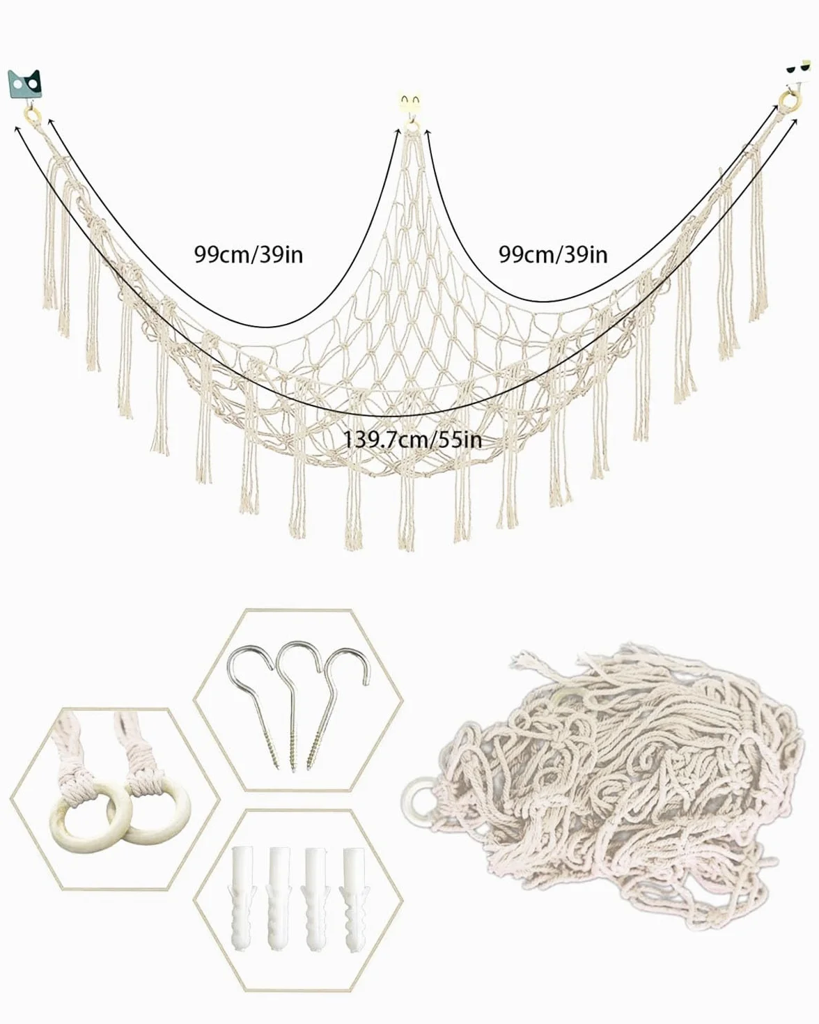 Hamac pour animaux en peluche Rangement de jouets Filet avec 3 crochets Décoration murale chambre d'enfant