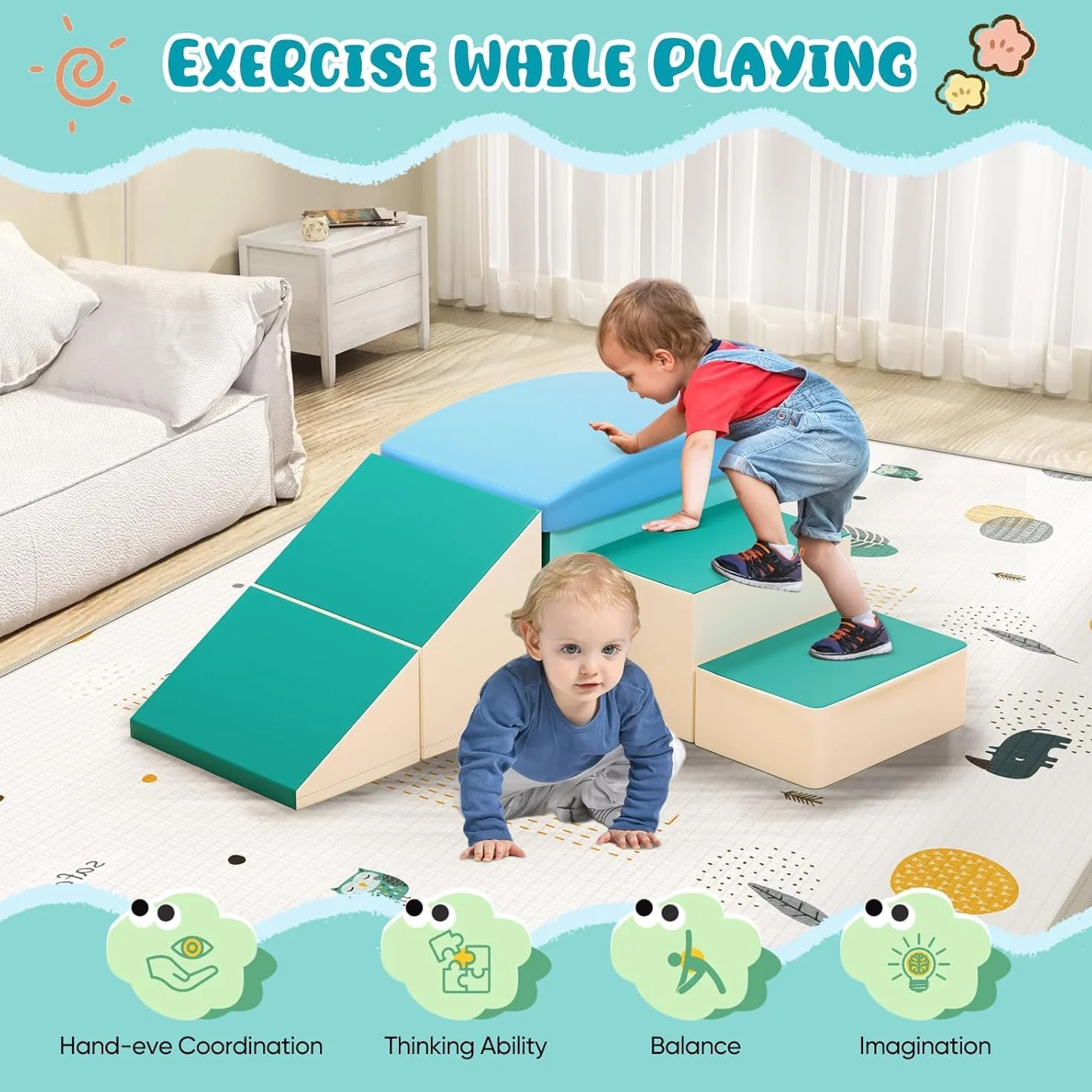 Blocs de construction en mousse pour enfants, 5 pièces souples antidérapants (bleu clair)