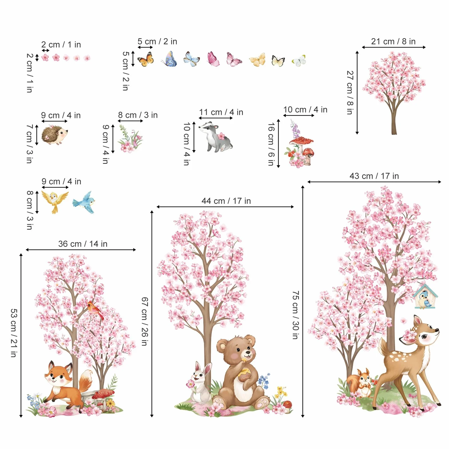 Wondever Stickers Muraux Enfants Fille Fleurs de Cerisier Arbre Grand Autocollants Muraux Forêt Animaux Ours Cerf Renard pour Chambre Bébé