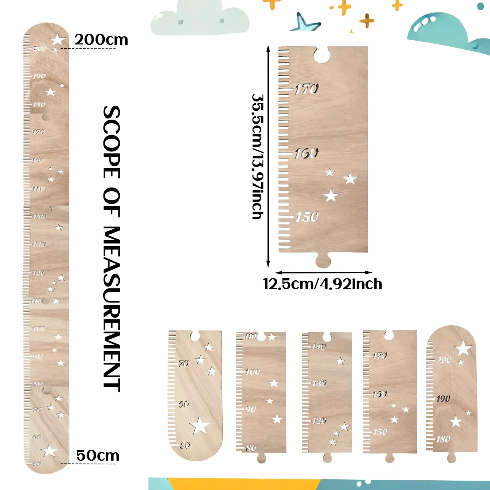 Toise Murale en Bois pour Enfants, Règle à Mesurer Amovible Décoration Murale Bébé