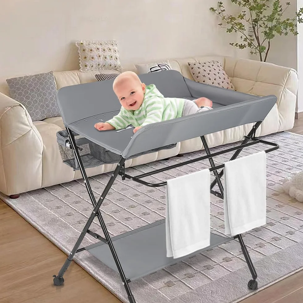 Table à langer pliante bébé avec panier rangement ceinture sécurité 4 roues frein réglable hauteur