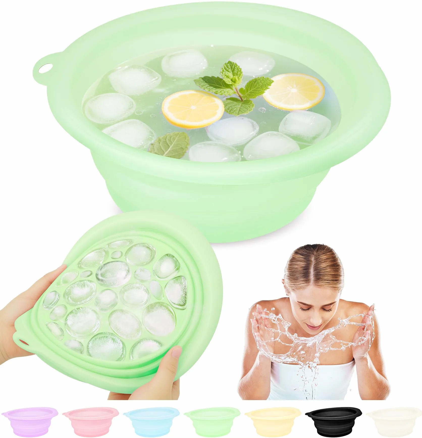 Bol à glace en silicone pliable pour le visage avec plateau à glaçons intégré, lavabo à refroidissement rapide