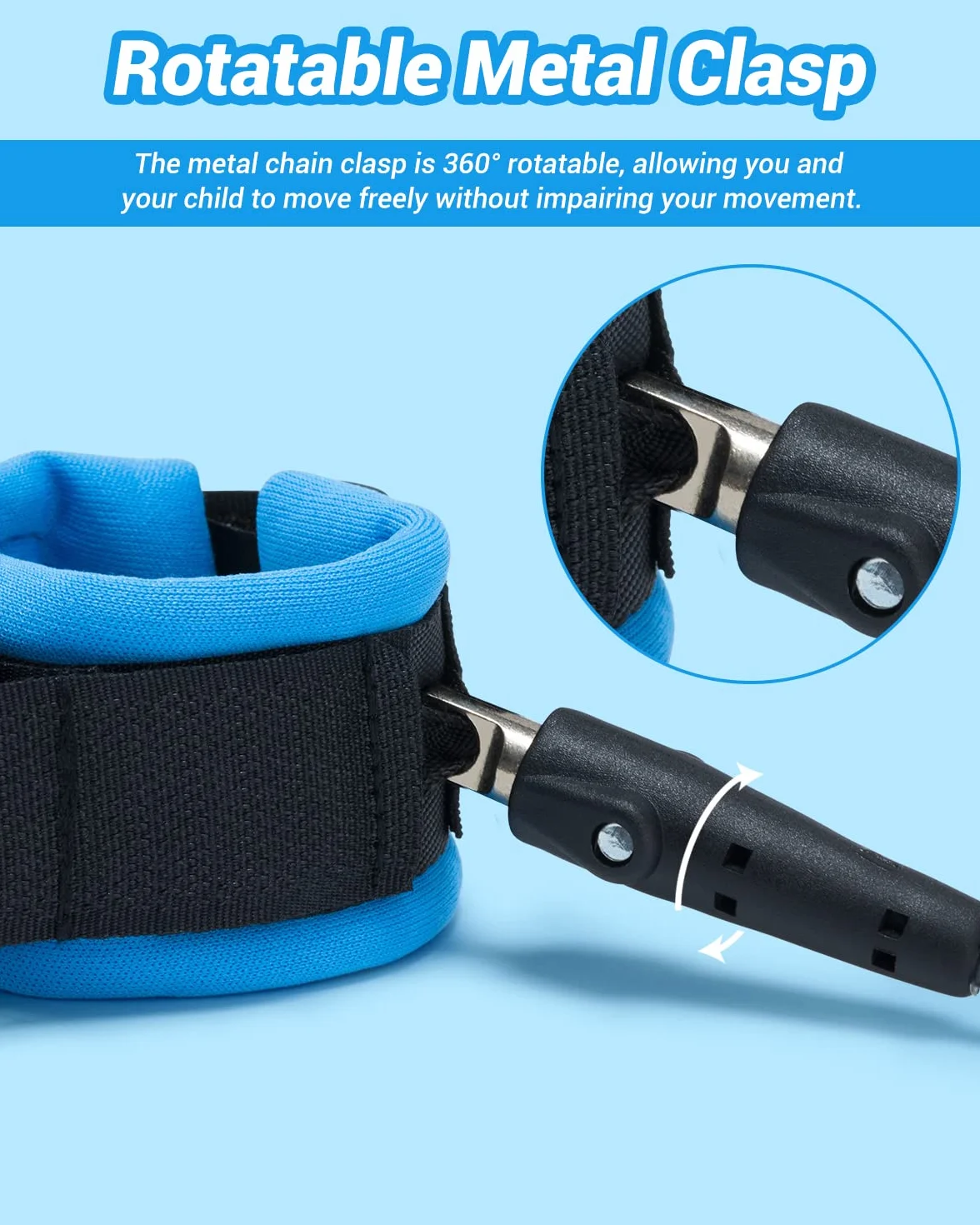 Dr.meter Bracelet Sécurité Enfant 1,2m Laisse avec Verrouillage par Clé Réfléchissant Anti-Lost Wristband Rotation 360° (Bleu + Orange)
