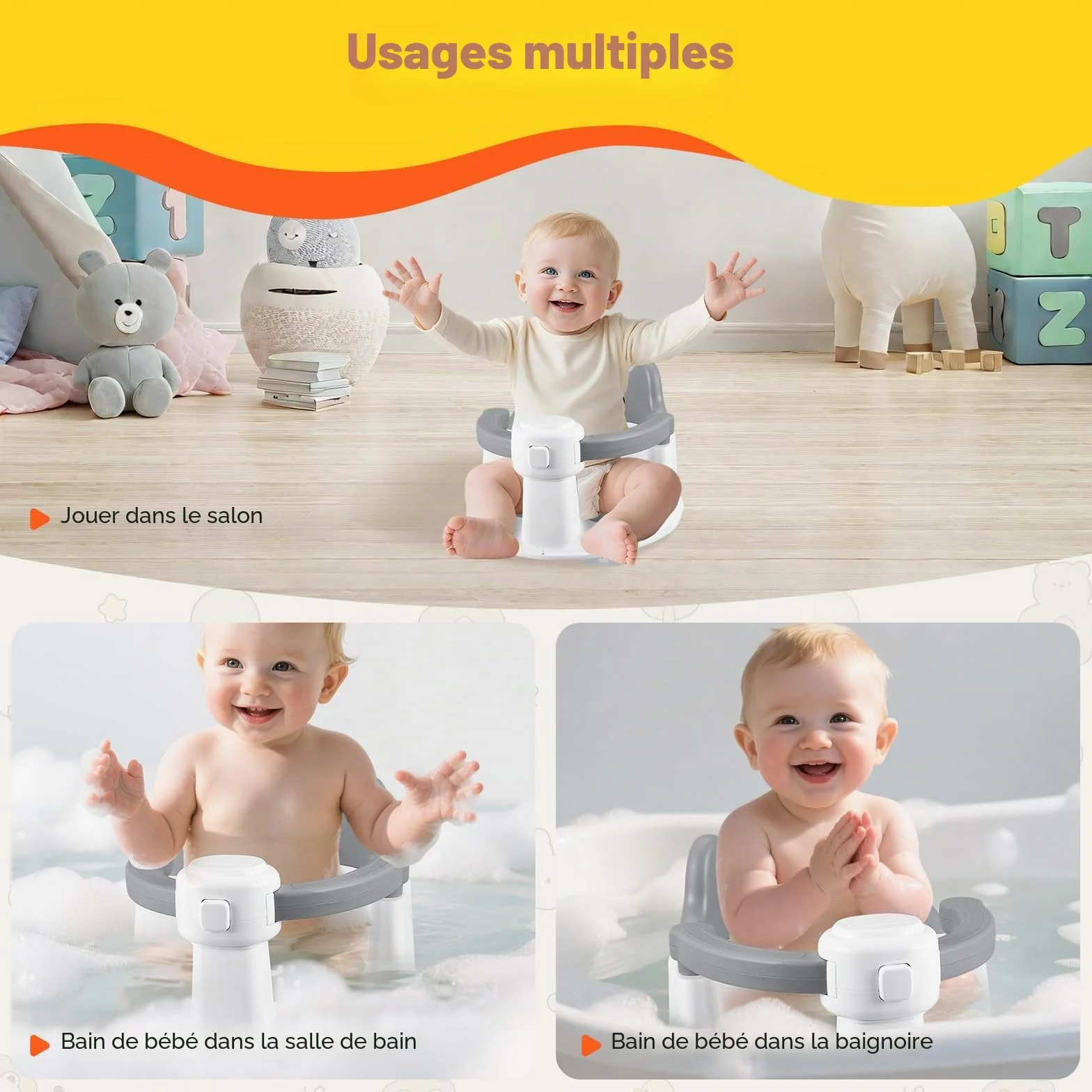Siège de Bain Bébé Antidérapante 6 Mois+ avec 4 Ventouses