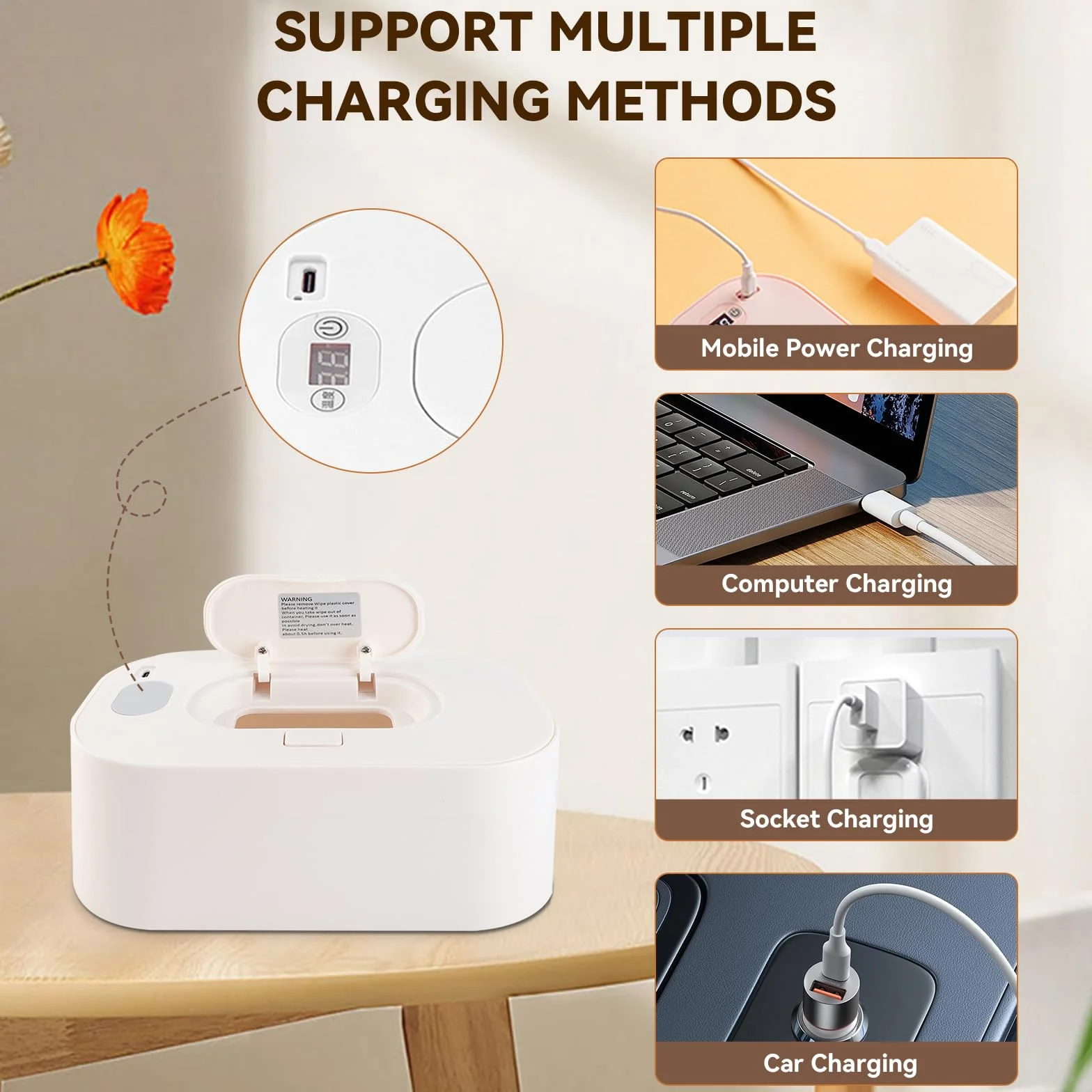 Chauffe-lingettes pour Bébés Réglable 40-60°C 3 Modes Température USB Portable Blanc