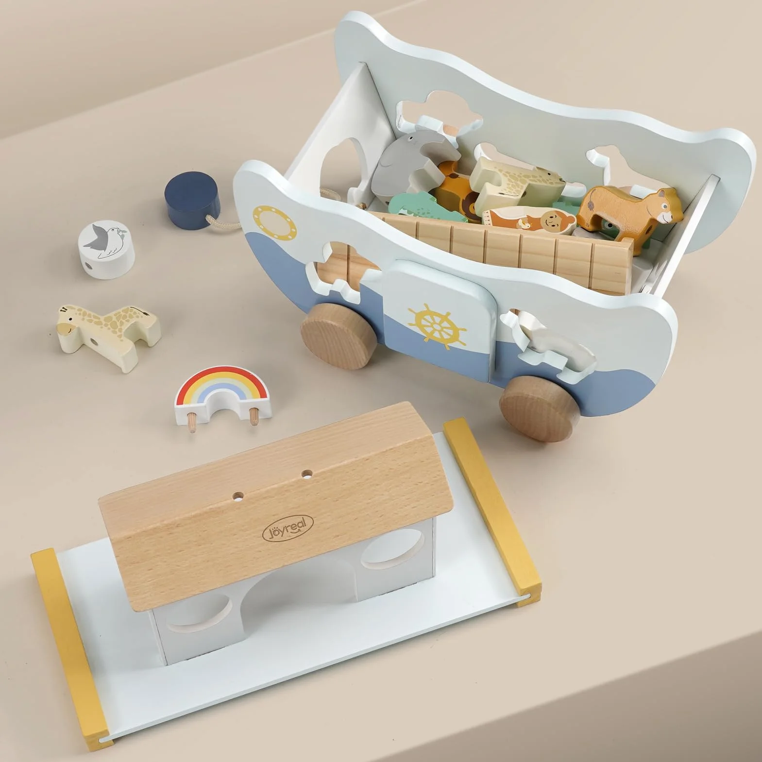 Joyreal Arche de Noé Jouet en Bois Montessori Enfants 1 2 3 Ans avec Animaux de la Ferme