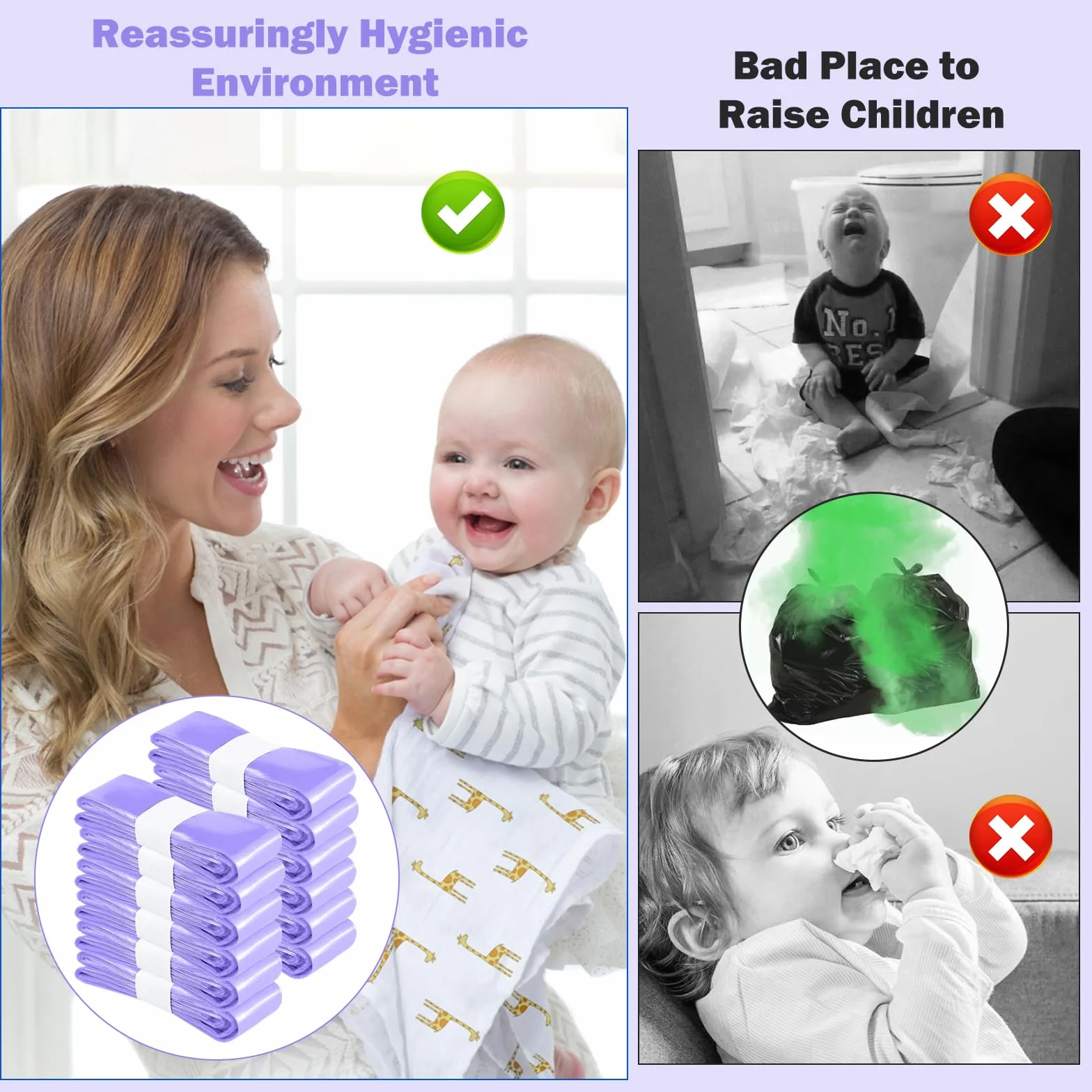 Sac Poubelle Couche Grande Capacité 12 Recharge, Résistant Anti-Odeur, Compatible Seaux à Couches (Violet)