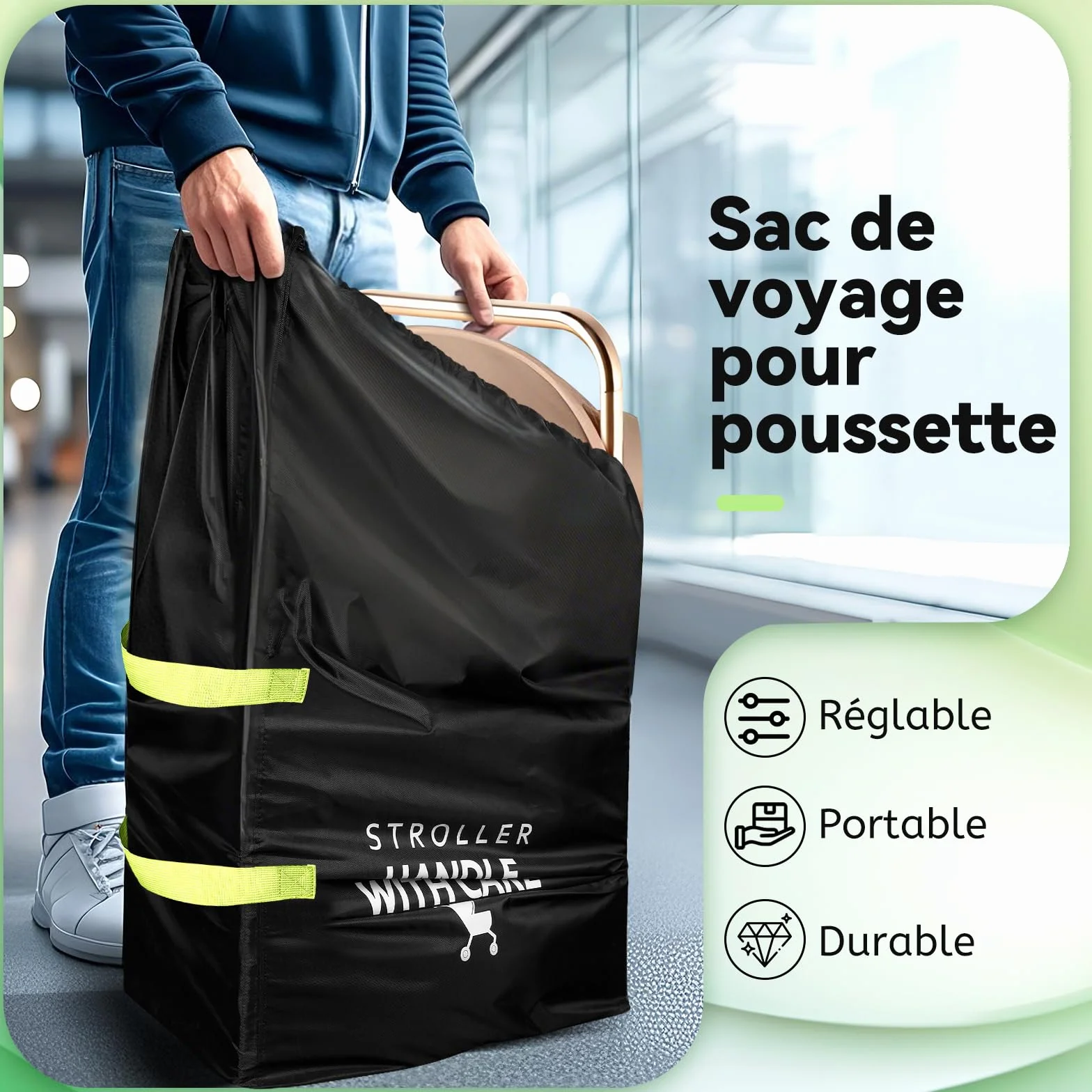 Sac de Voyage pour Poussette Avion, Grand Housse Protection Poussette Vol, Noir