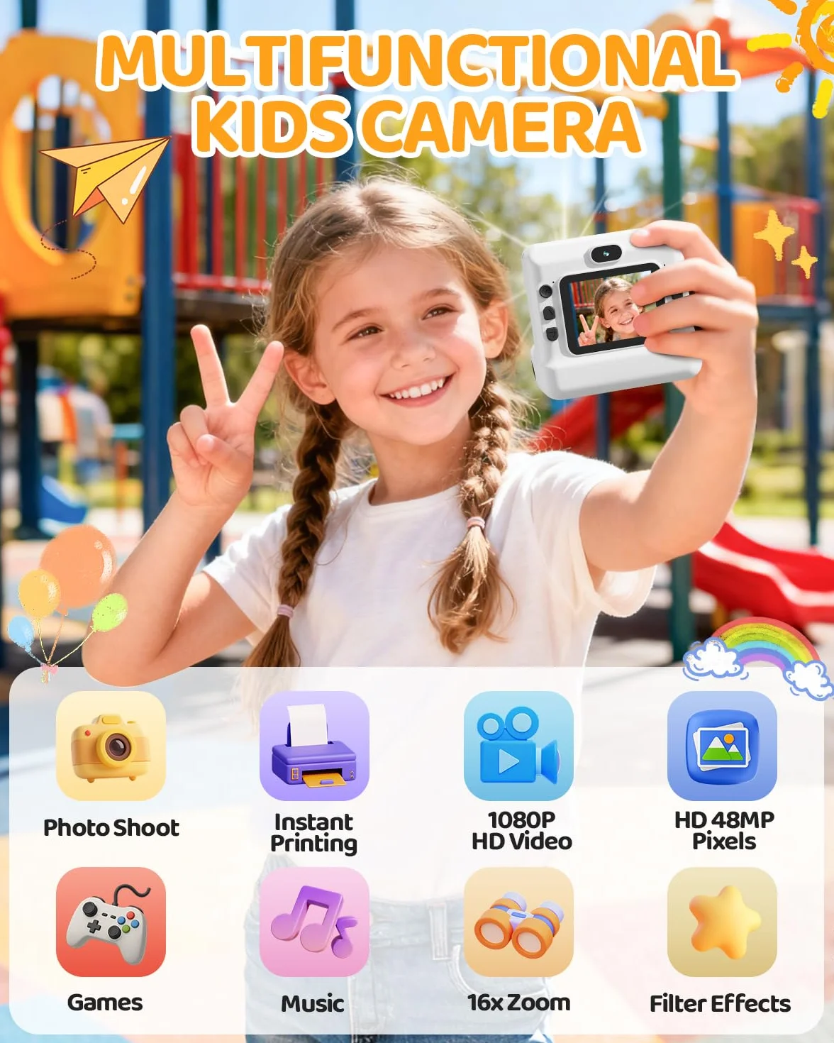 Appareil Photo Instantané Enfants 1080P HD Numérique Double Objectif avec Carte 32GB Papier d'impression Cadeaux Garçons Filles 3-12 Ans