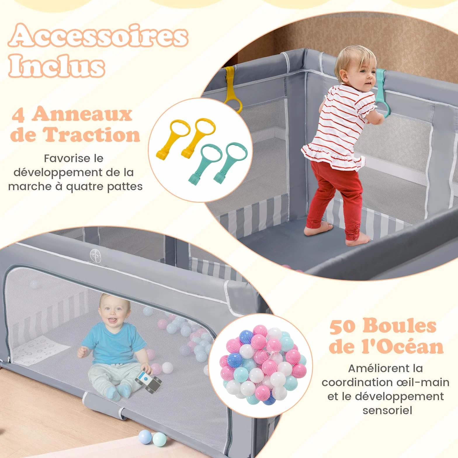 COSTWAY Parc Bébé Pliable 150x150x76,5 cm avec 50 Balles Océaniques, Filet Respirant, Portail Zippé, Gris