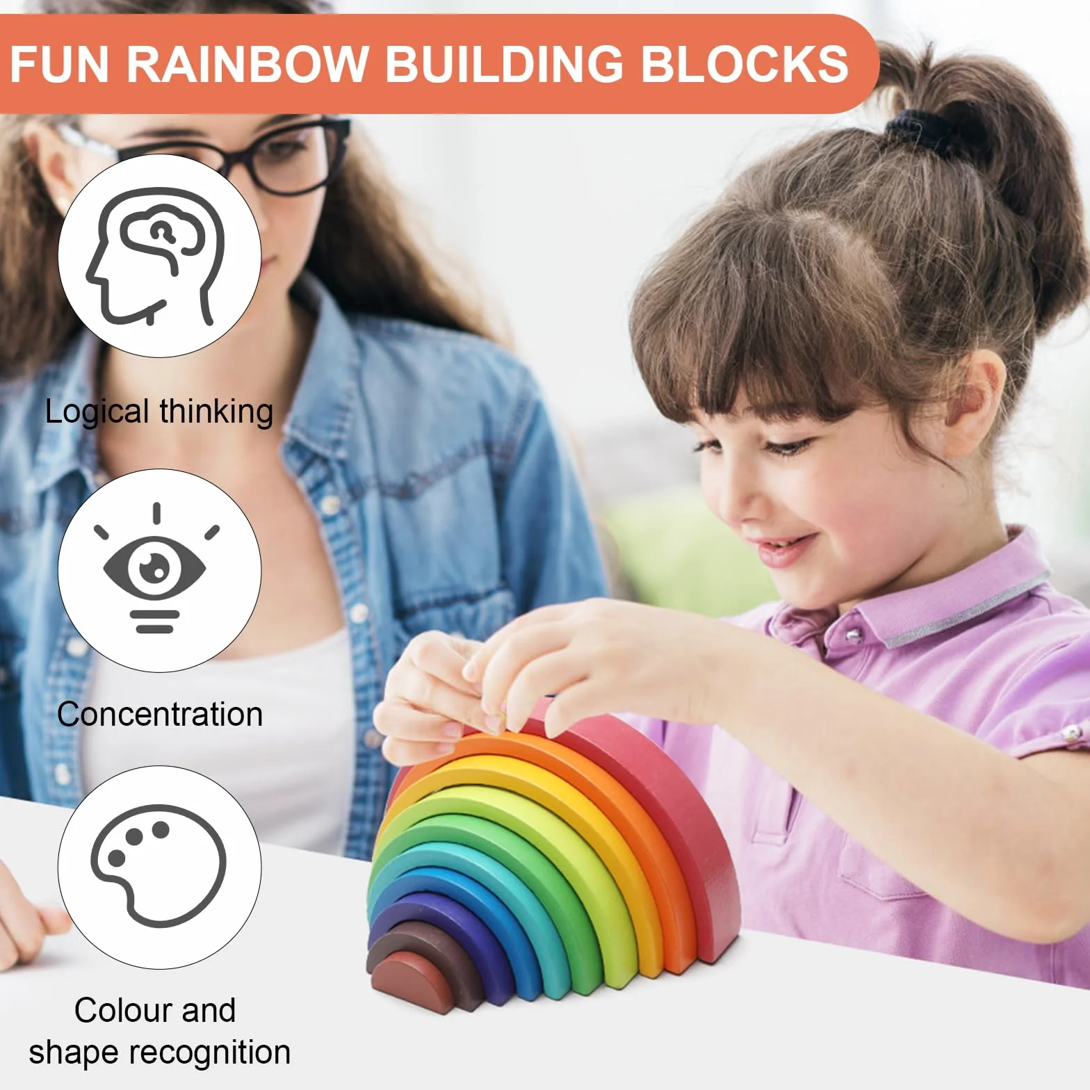 Blocs de construction en bois arc-en-ciel empilables pour enfants 10 couleurs