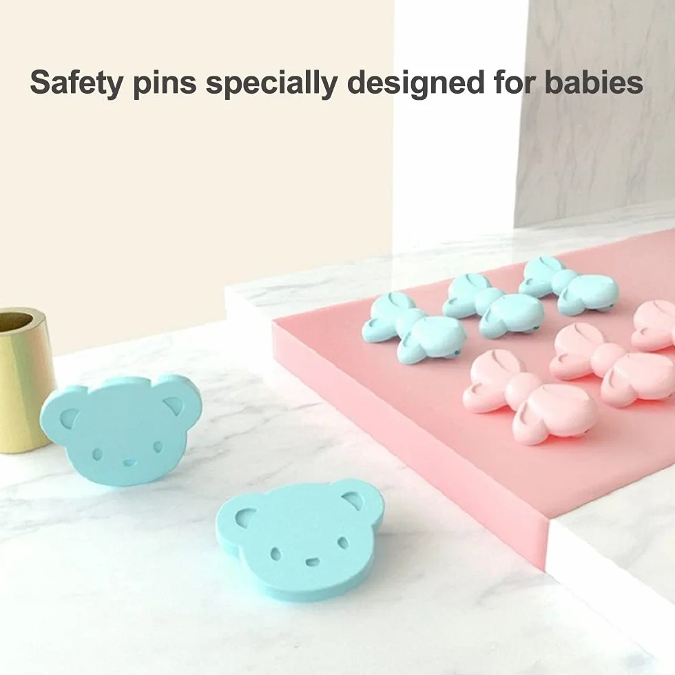 Lot de 6 épingles à nourrice bébé avec coque plastique, clips sécurité multifonctions pour vêtements bébé, nappes et couches (ours bleu)