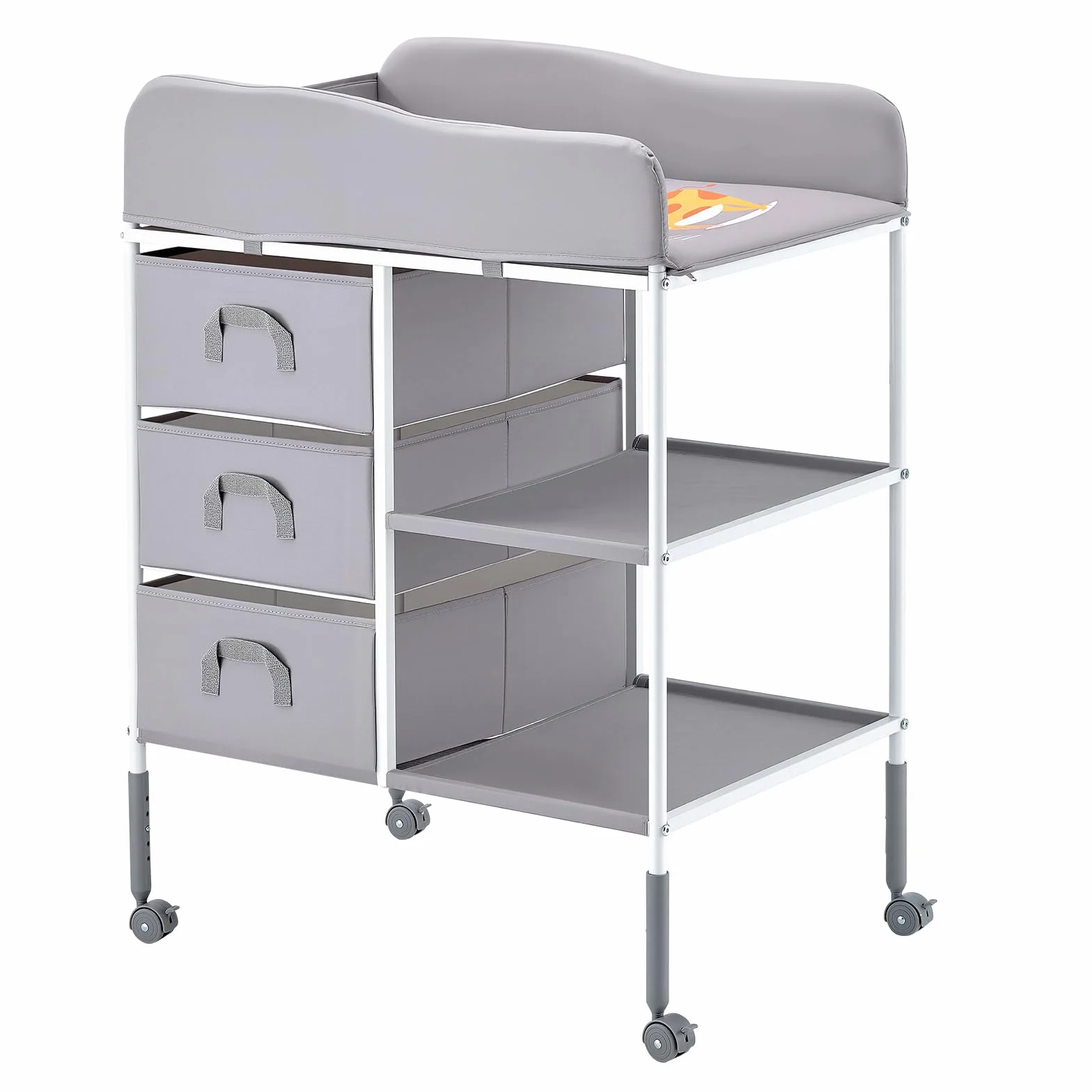 VEVOR Table à Langer Portable avec 3 Tiroirs en Tissu et Roulettes Verrouillables, Meuble pour Bébés Multifonctionnel, Hauteur Réglable, Gris