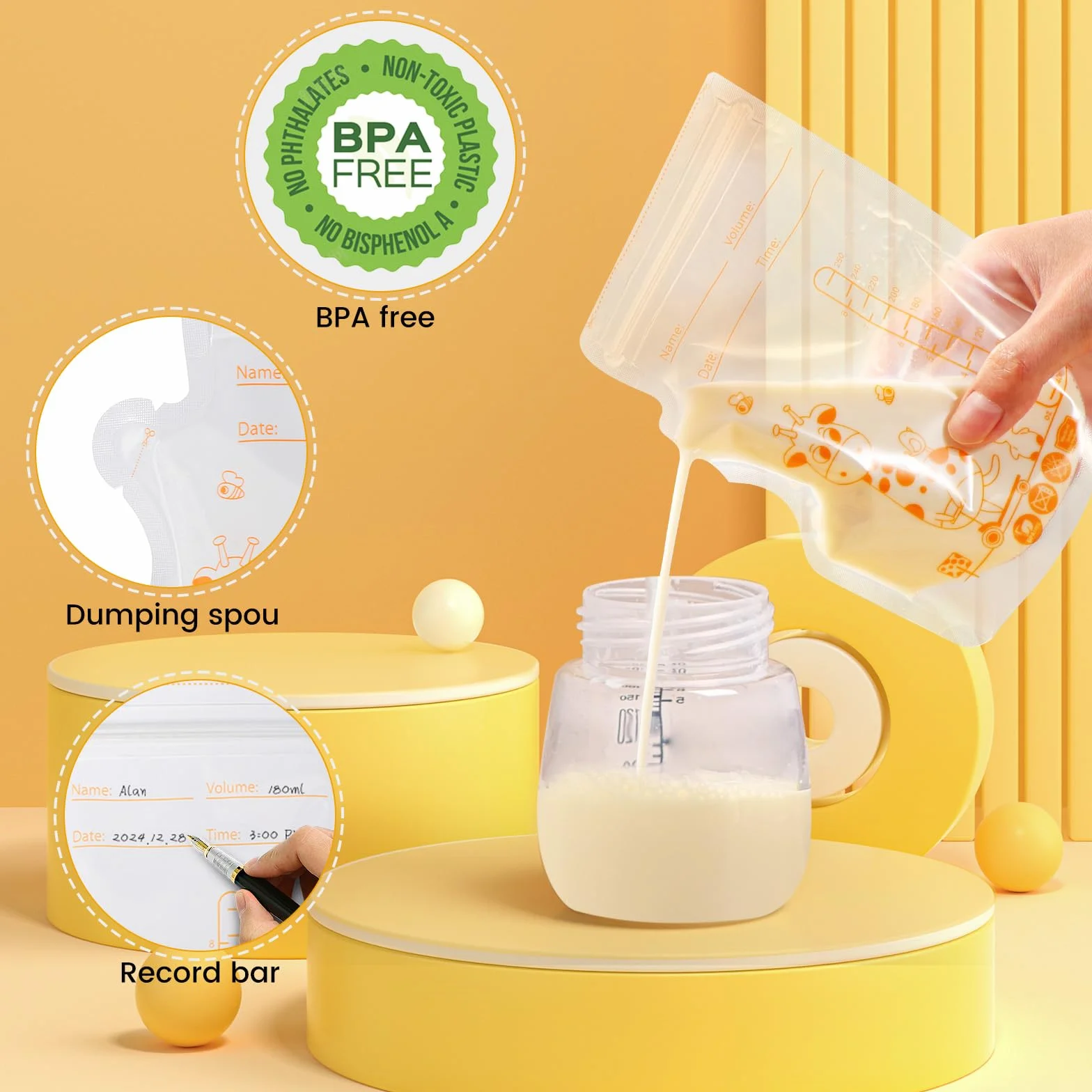 Oderra Sachet Conservation Lait Maternel 50/100 PCS 250/180 ML Double Fermeture Étanche Pré-Stérilisé
