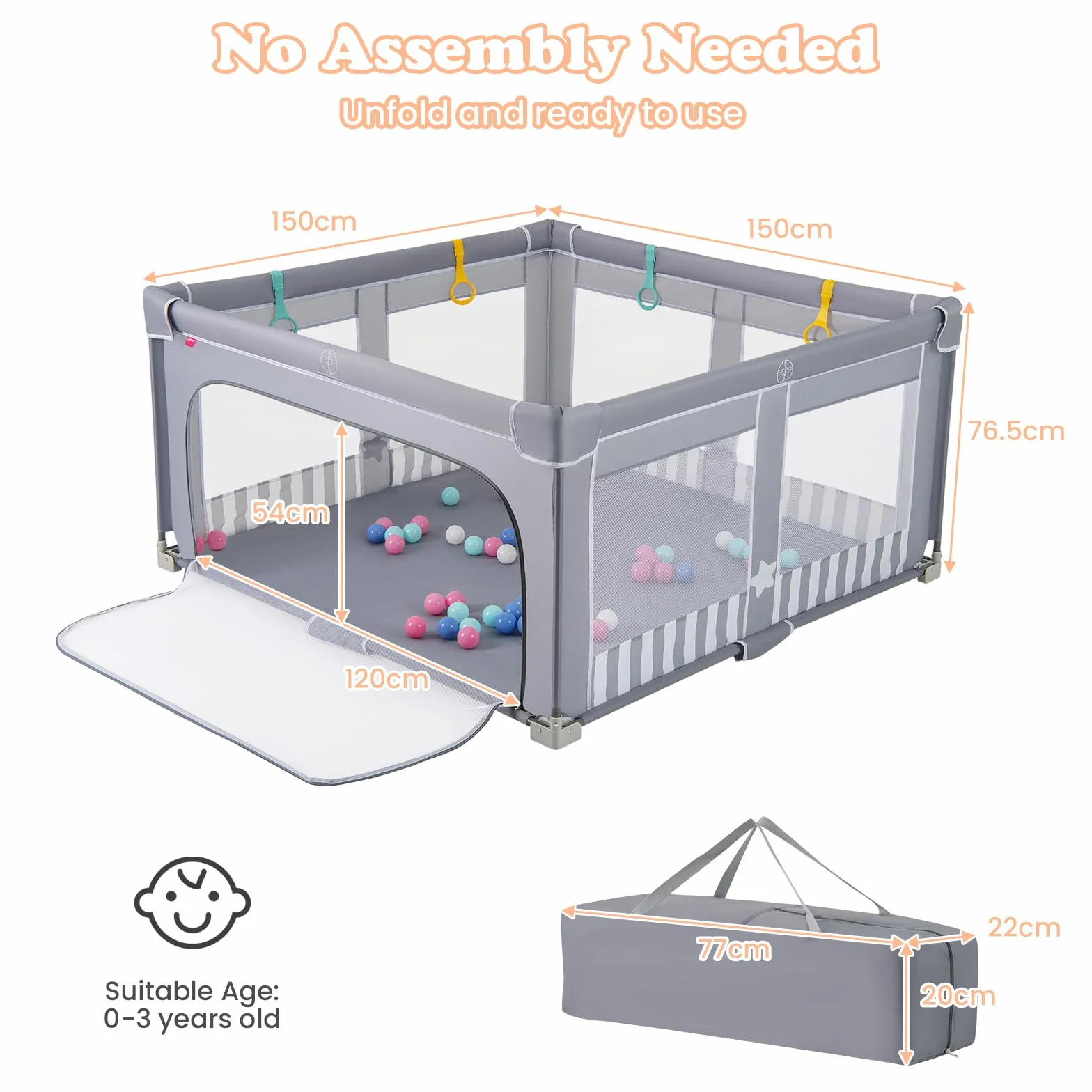 LIFEZEAL Parc Bébé Pliable 150 x 150 x 76,5 cm avec 4 Anneaux, 50 Boules, Tissu Oxford Gris