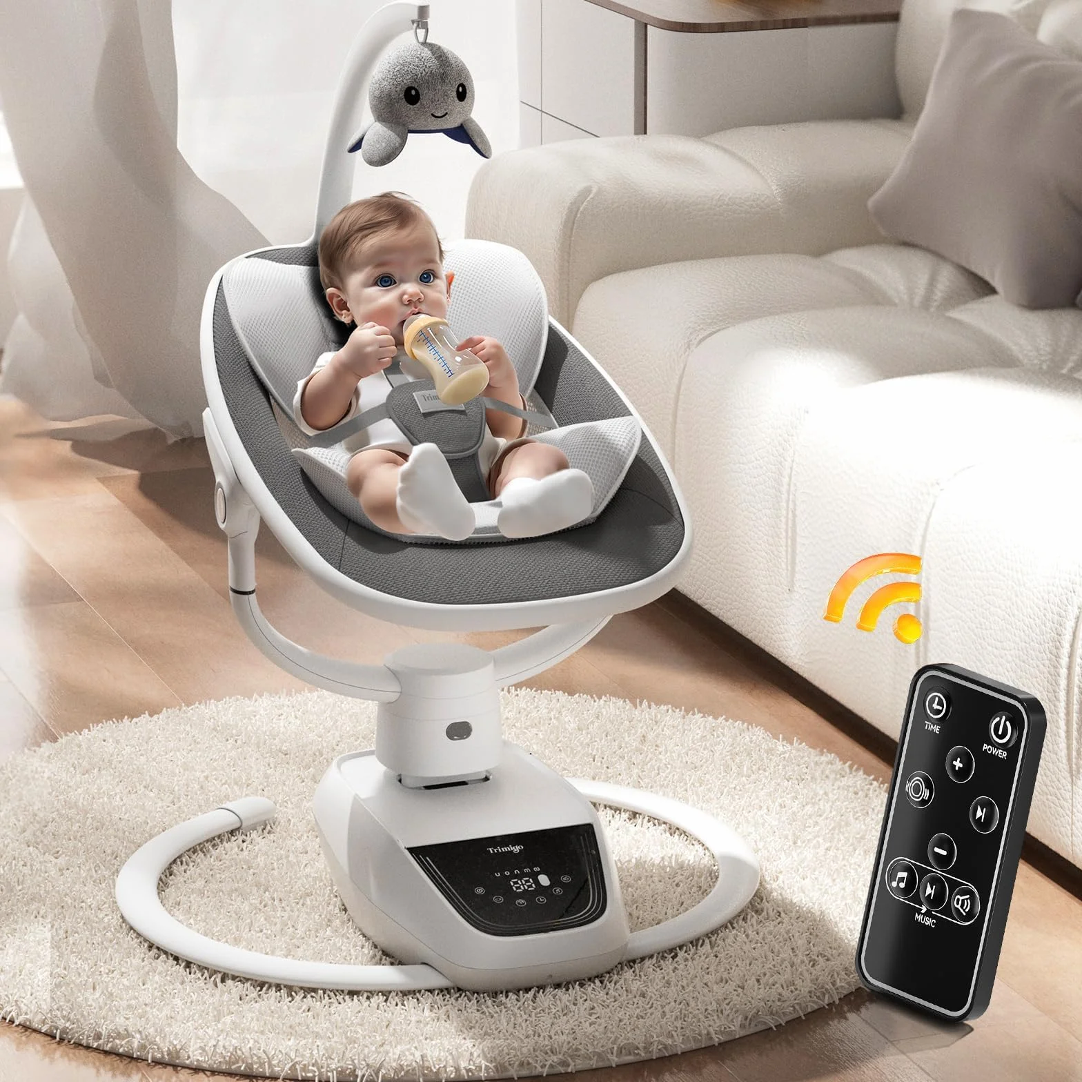 Balançoire bébé électrique réglable inclinaison rotation 180° 5 modes balancement musique télécommande jusqu'à 18 kg Gris