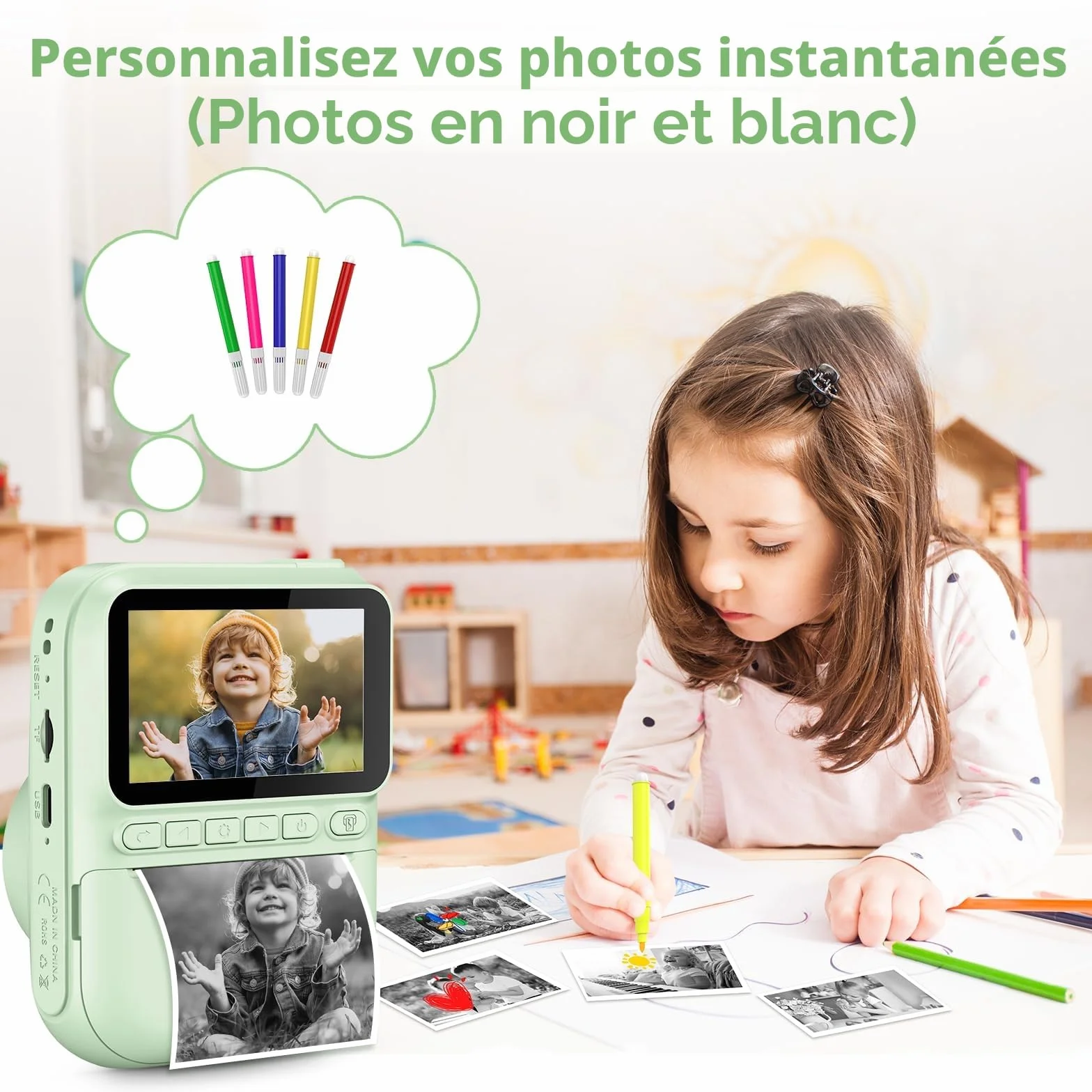 GREENKINDER Appareil Photo Instantané Enfant 3.0" Grand Écran 14 MP avec Carte 32 Go & Papier d'impression