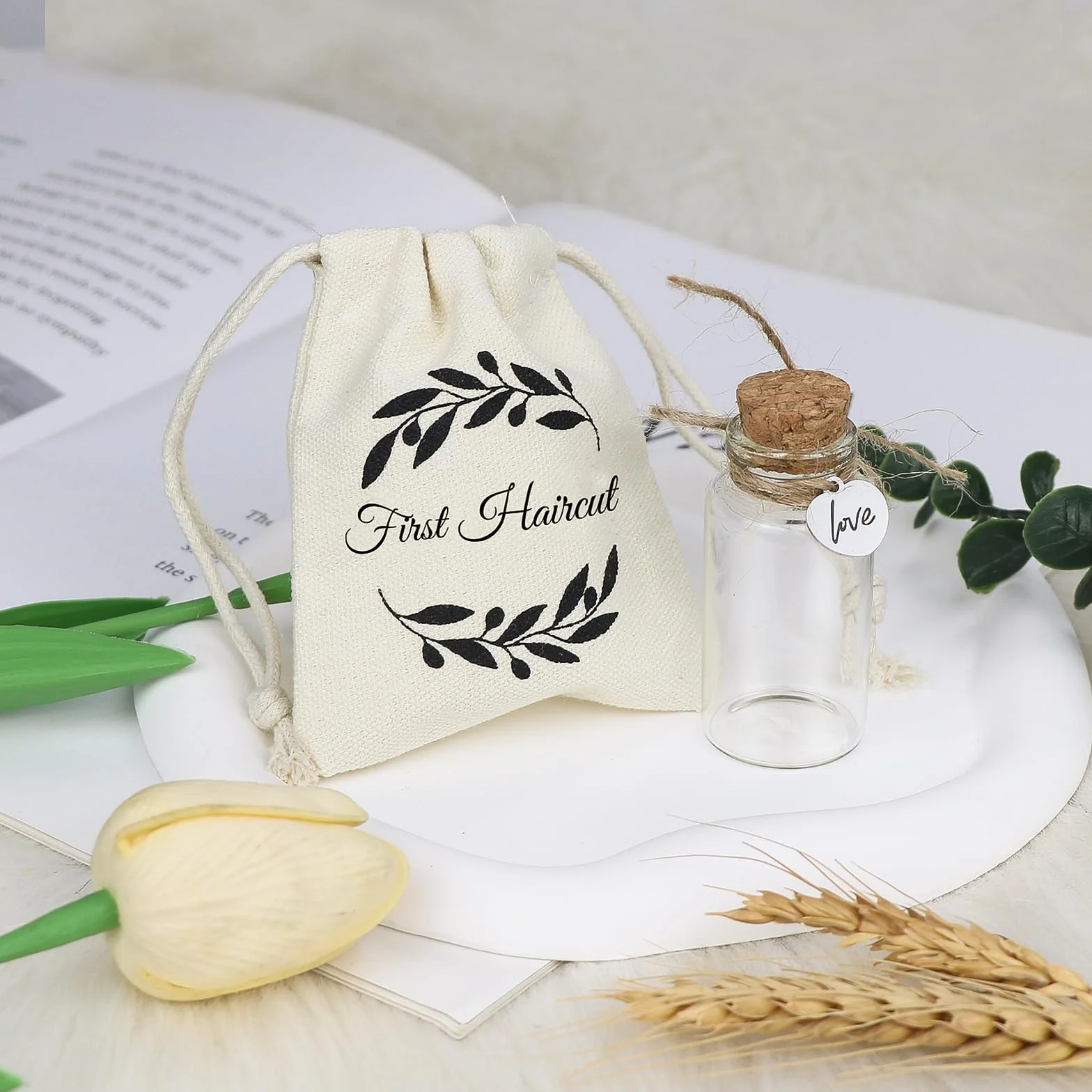 Bouteille Souvenir en Verre avec Bouchon en Liège pour Première Coupe de Cheveux de Bébé, Coffret Cadeau