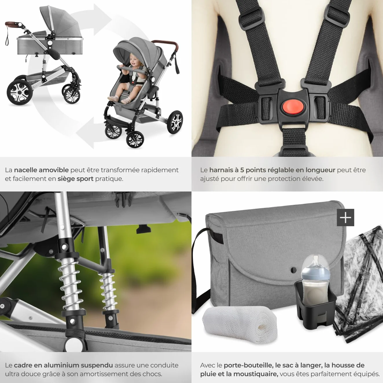 Tectake Poussette combinée pliable 0-36 mois nacelle siège sport harnais 5 points compacte voyage