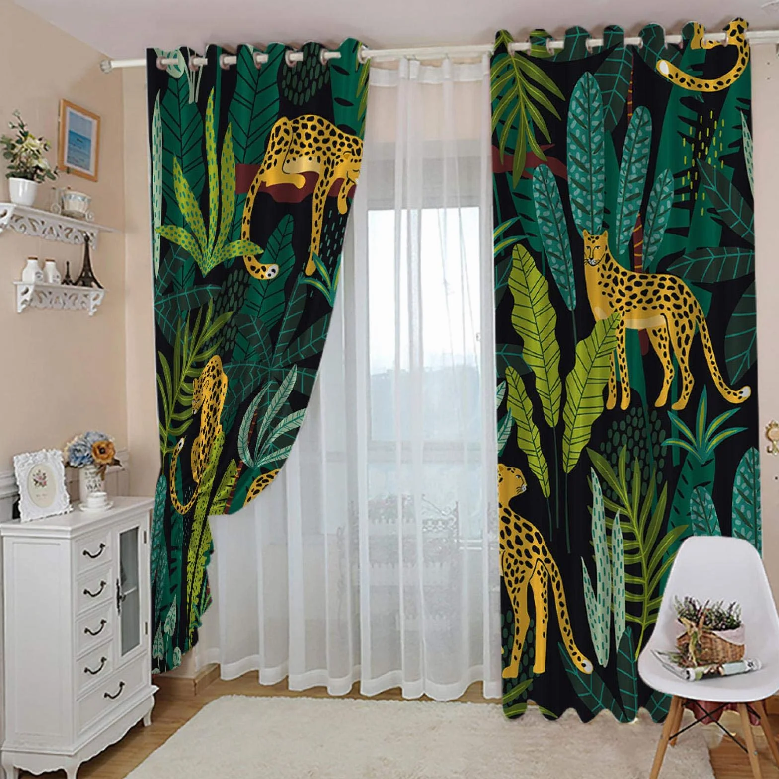 Rideau Occultant Isolant Thermique À Oeillets 2 Pièces 117x230cm, Motif Guépard Jungle Tropicale