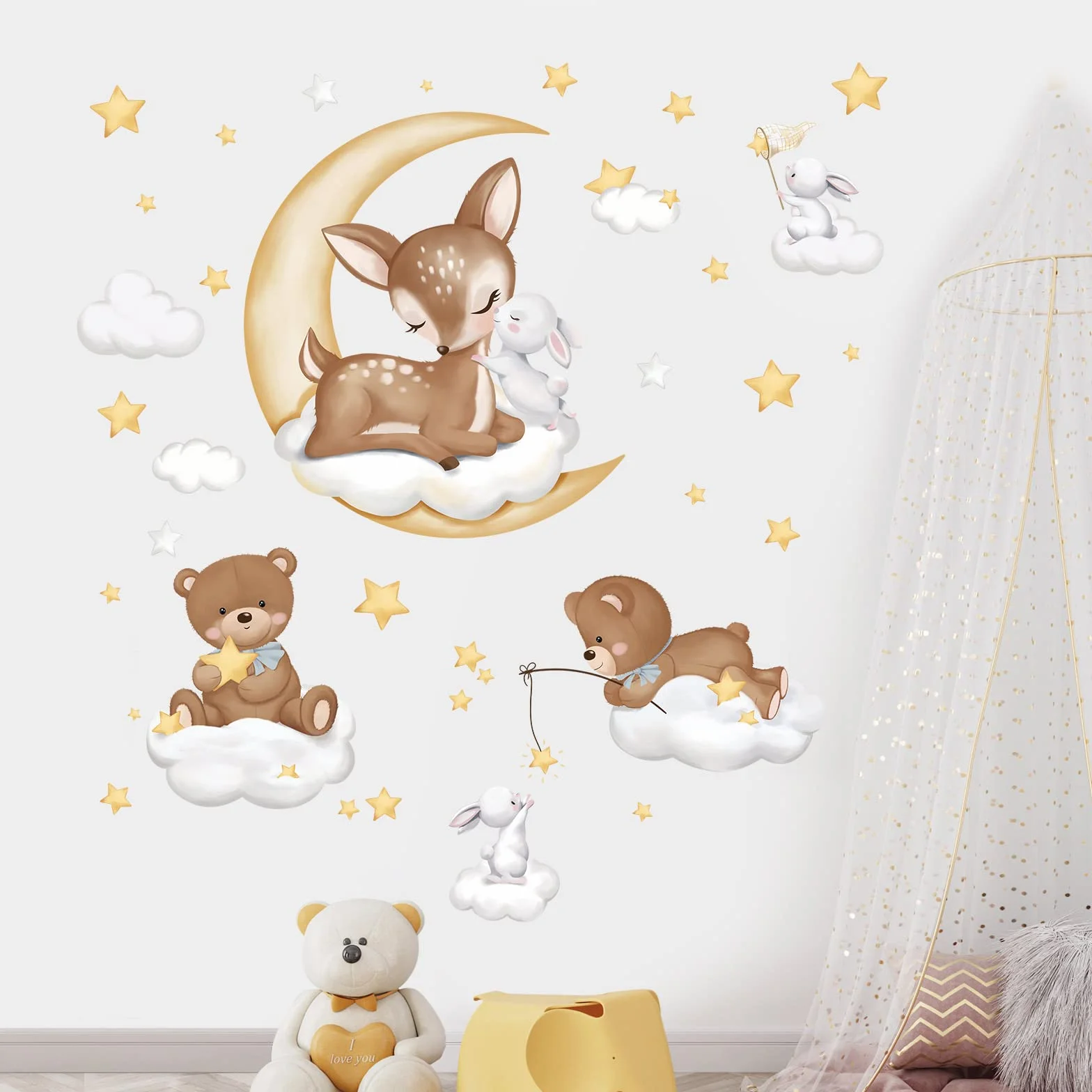 Wondever Autocollants Muraux Animaux Endormis Cerf Ours Lune Nuage pour Chambre Enfants