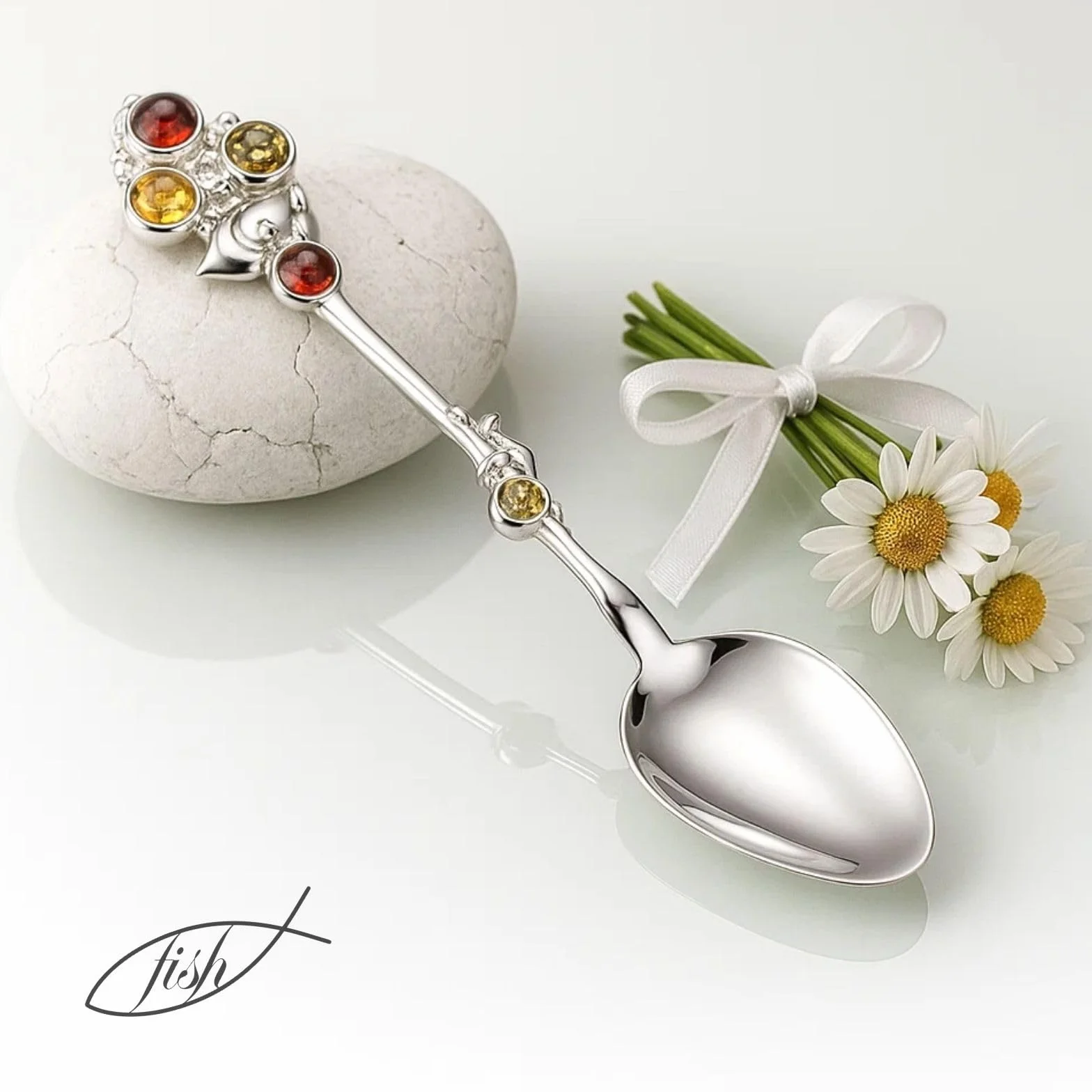Cuillère En Argent Fabriquée À La Main Avec Ambres Pour Cadeaux De Naissance