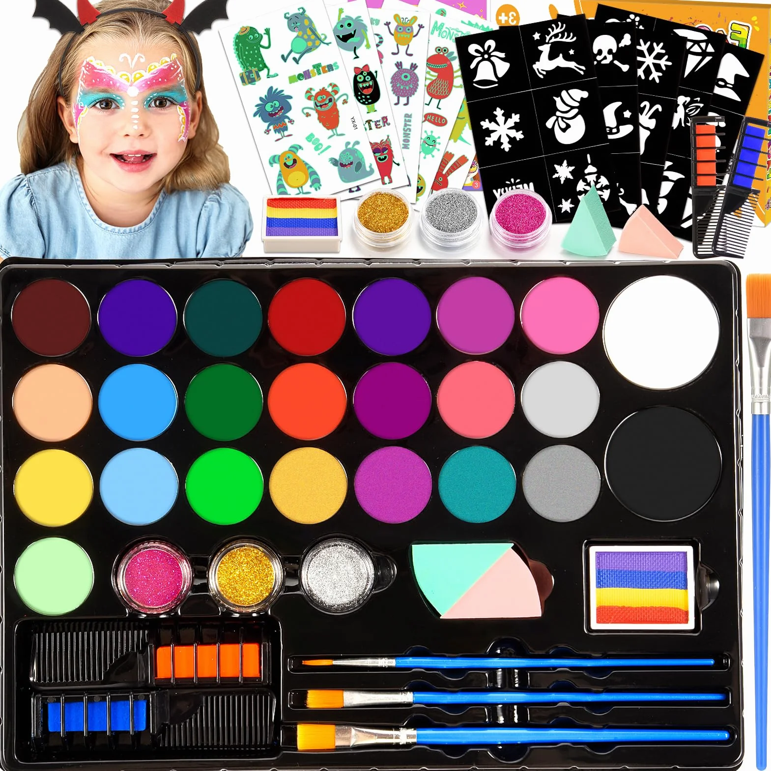 Peinture Visage Enfant 28 Couleurs Palette Maquillage Carnaval avec 3 Pinceaux 30 Pochoirs