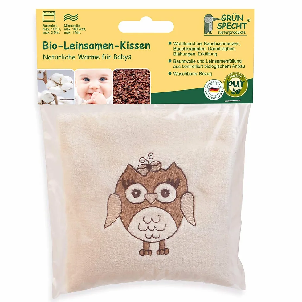 GRÜNSPECHT 603-V2 Coussin Chauffant en graines de Lin Bio avec Housse Lavable pour bébés, Chouette