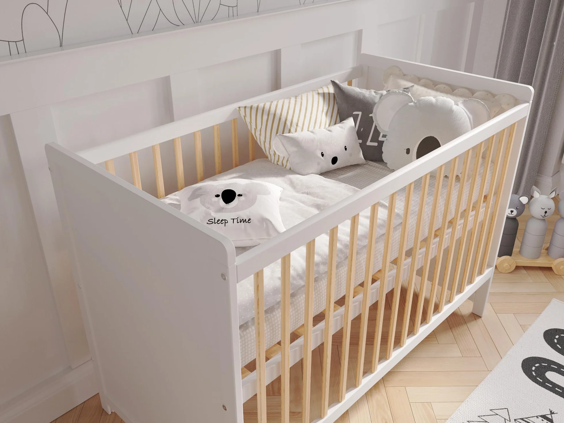 Love For Sleep Tokyo Lit Bébé Évolutif 120x60 cm Bois Pin Blanc Transformable Barrière Sécurité